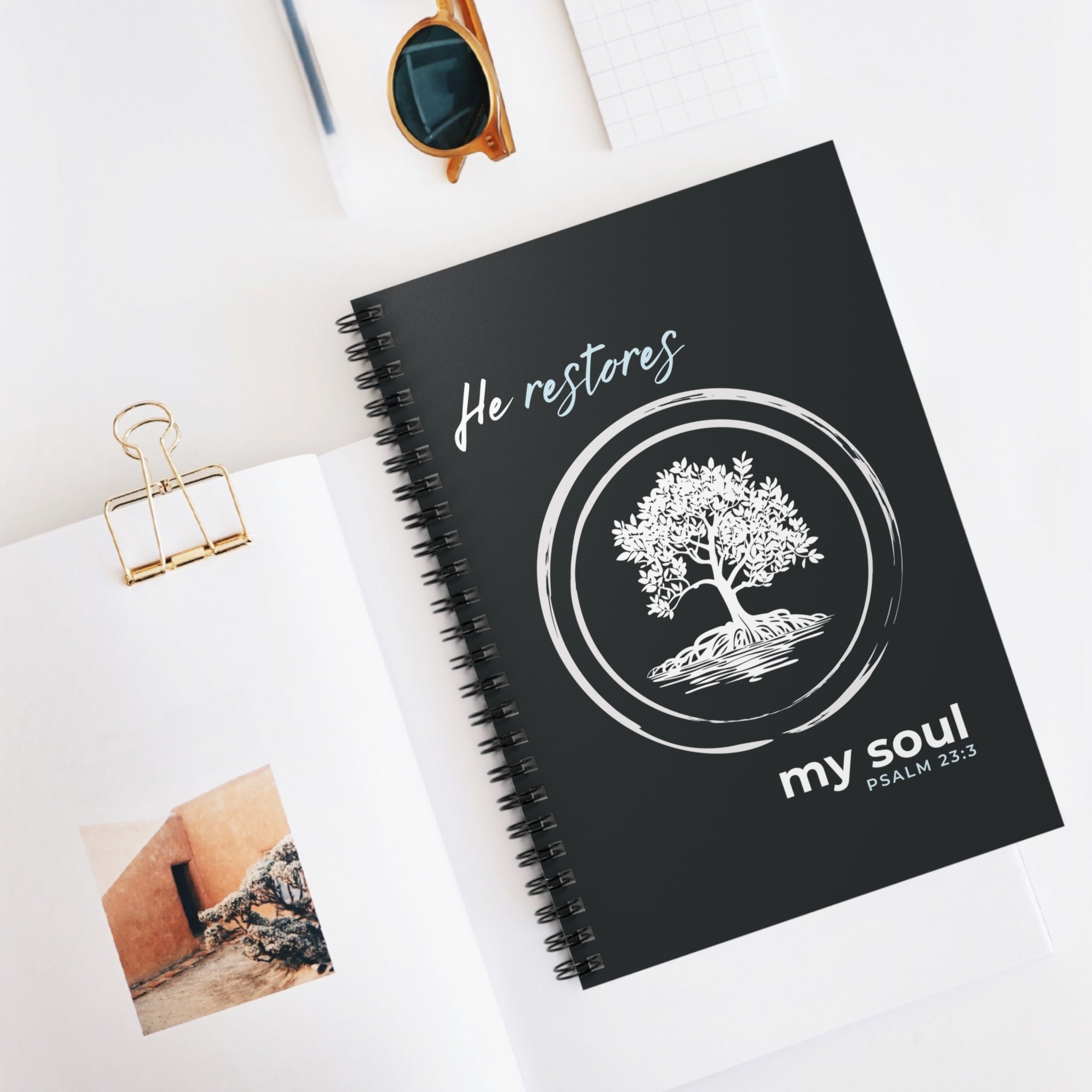 “He Restores My Soul” Spiral Notebook – Psalm 23:3 Christian Bible Verse Journal – Faith Notes