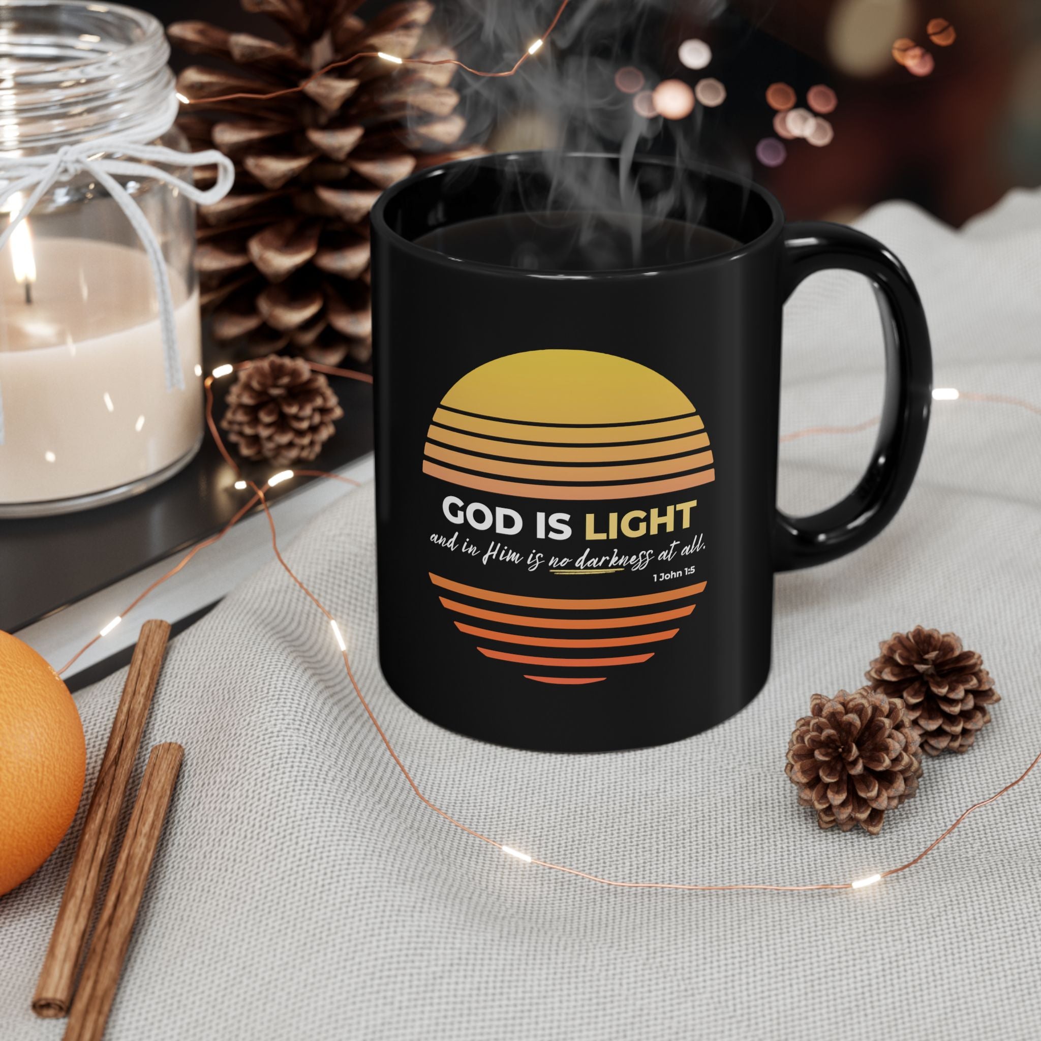 “God Is Light” Christian Coffee Mug – 1 John 1:5 Bible Verse Mug – Retro Sunset Faith Mug (11oz / 15oz)