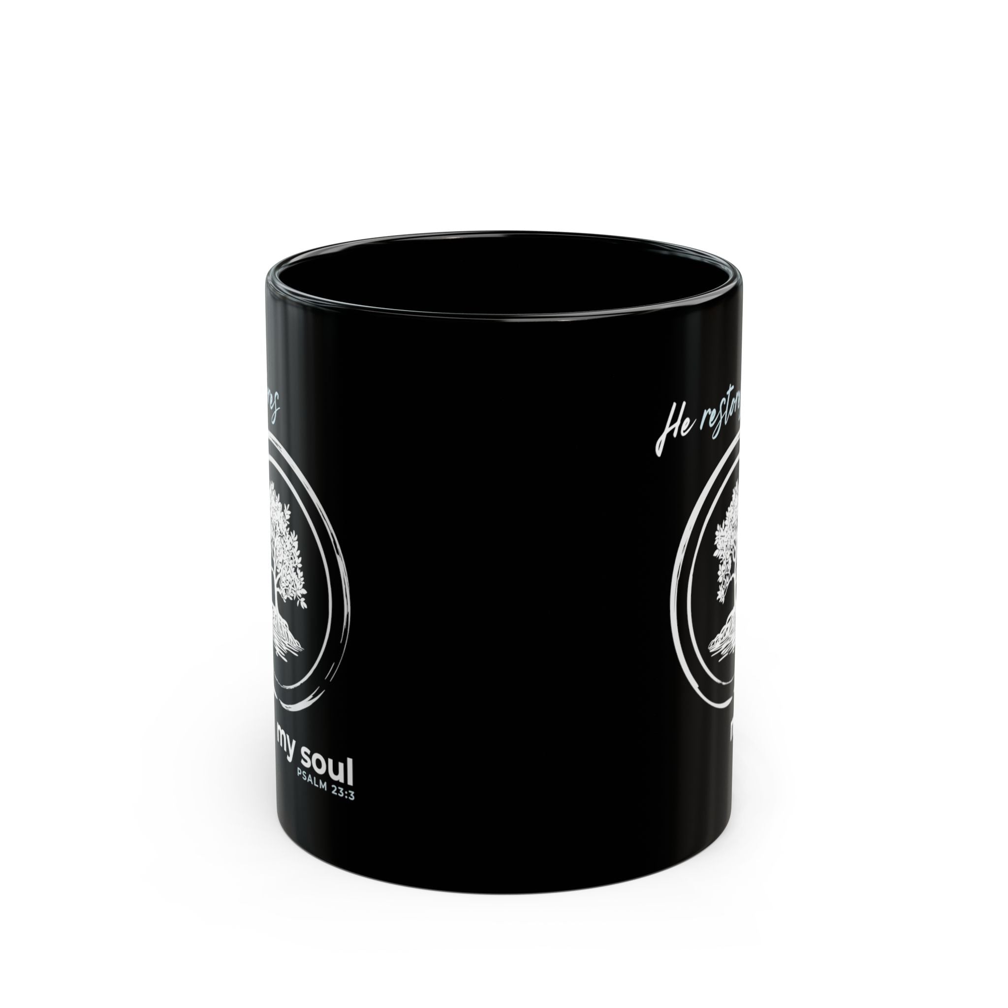 “He Restores My Soul” Christian Coffee Mug – Psalm 23:3 Bible Verse Mug –  Faith Scripture Mug (11oz / 15oz)