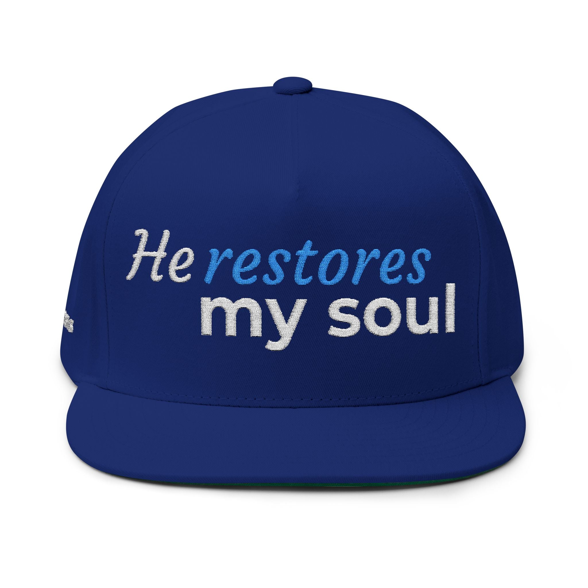 “He Restores My Soul” Embroidered Cap –  Psalm 23:3 Christian Flat Bill Hat – Faith Apparel
