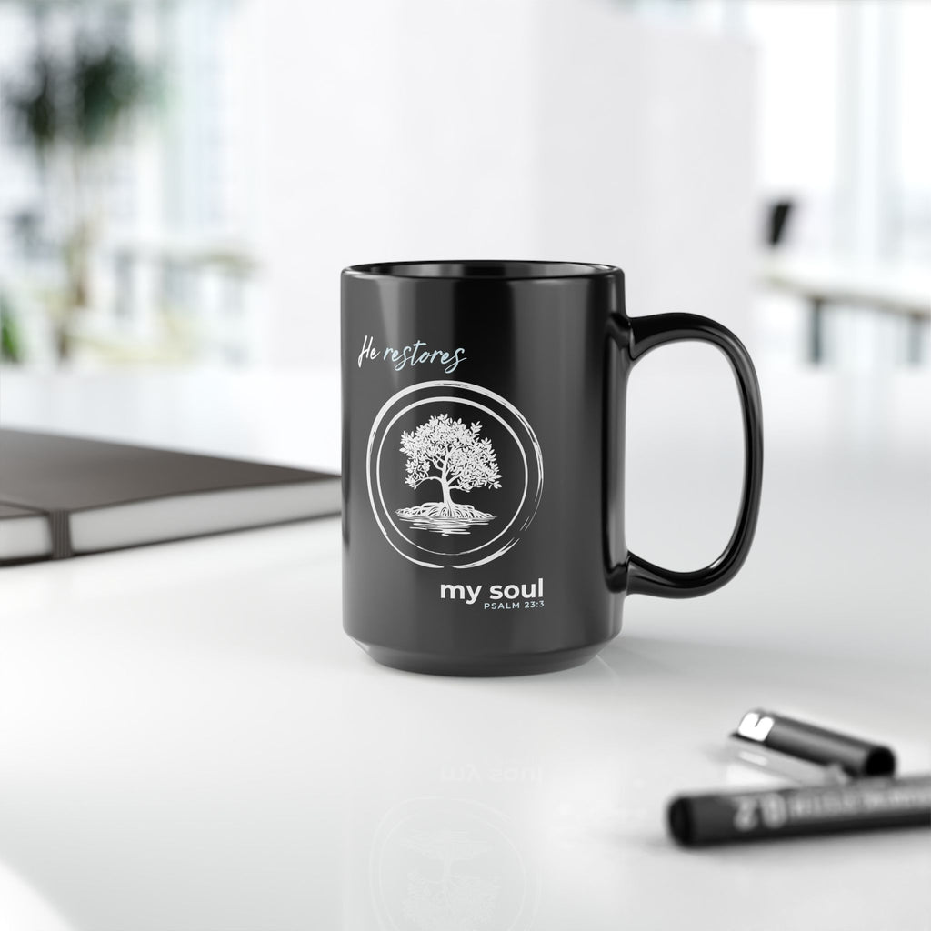 “He Restores My Soul” Christian Coffee Mug – Psalm 23:3 Bible Verse Mug –  Faith Scripture Mug (11oz / 15oz)