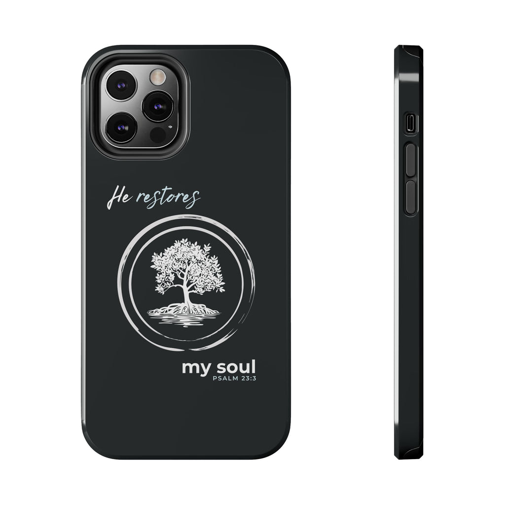 “He Restores My Soul” Phone Case – Psalm 23:3 Christian Bible Verse iPhone & Android Case – Faith Accessory