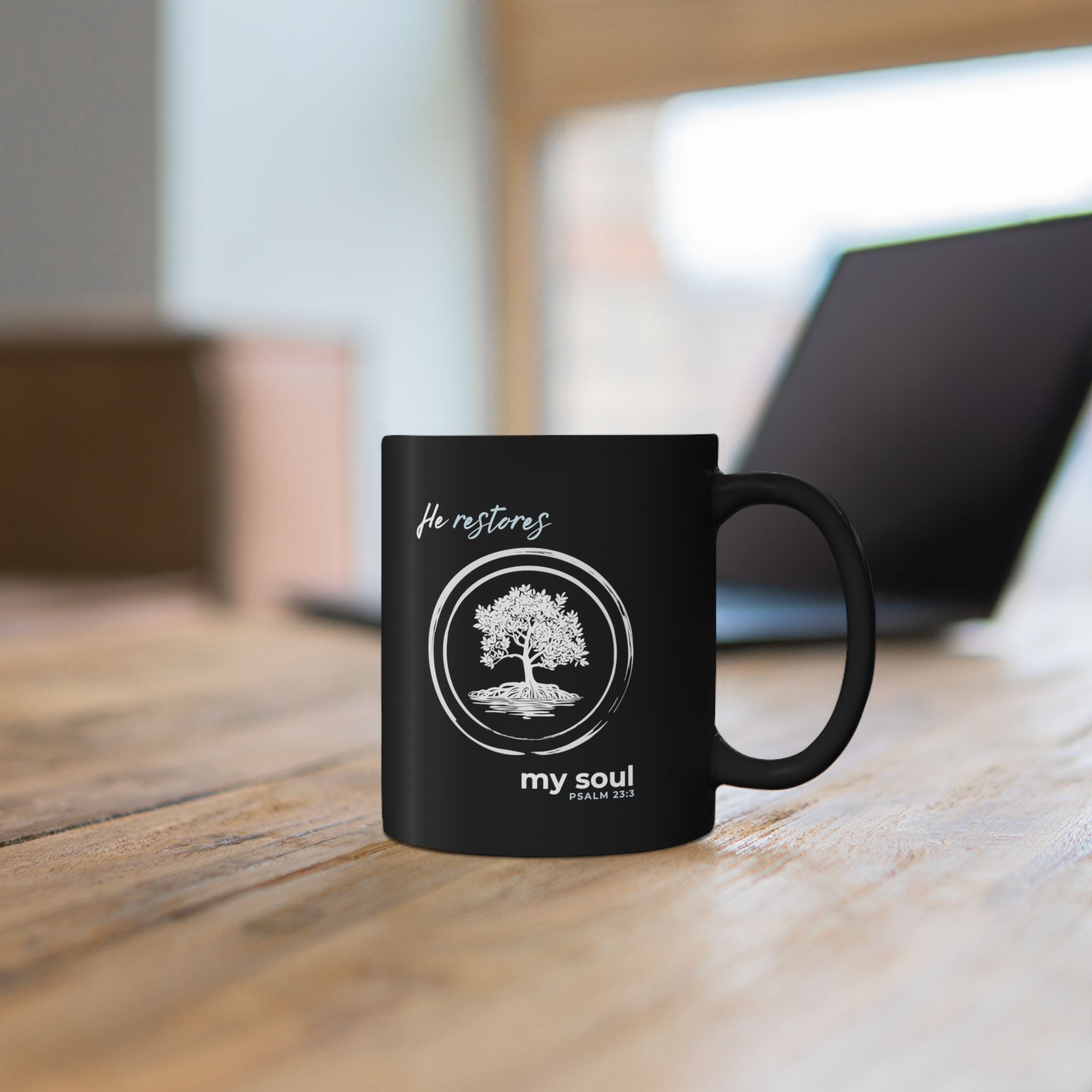 “He Restores My Soul” Christian Coffee Mug – Psalm 23:3 Bible Verse Mug –  Faith Scripture Mug (11oz / 15oz)