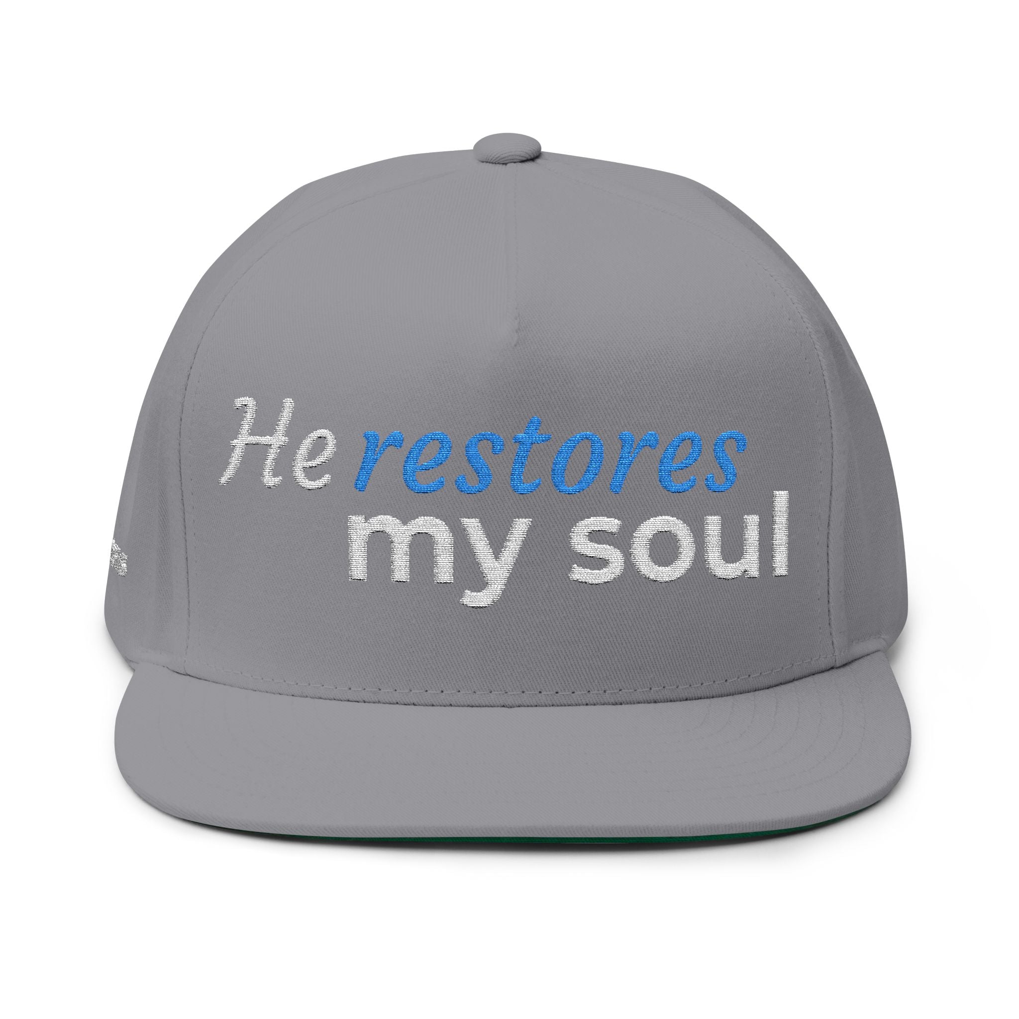 “He Restores My Soul” Embroidered Cap –  Psalm 23:3 Christian Flat Bill Hat – Faith Apparel