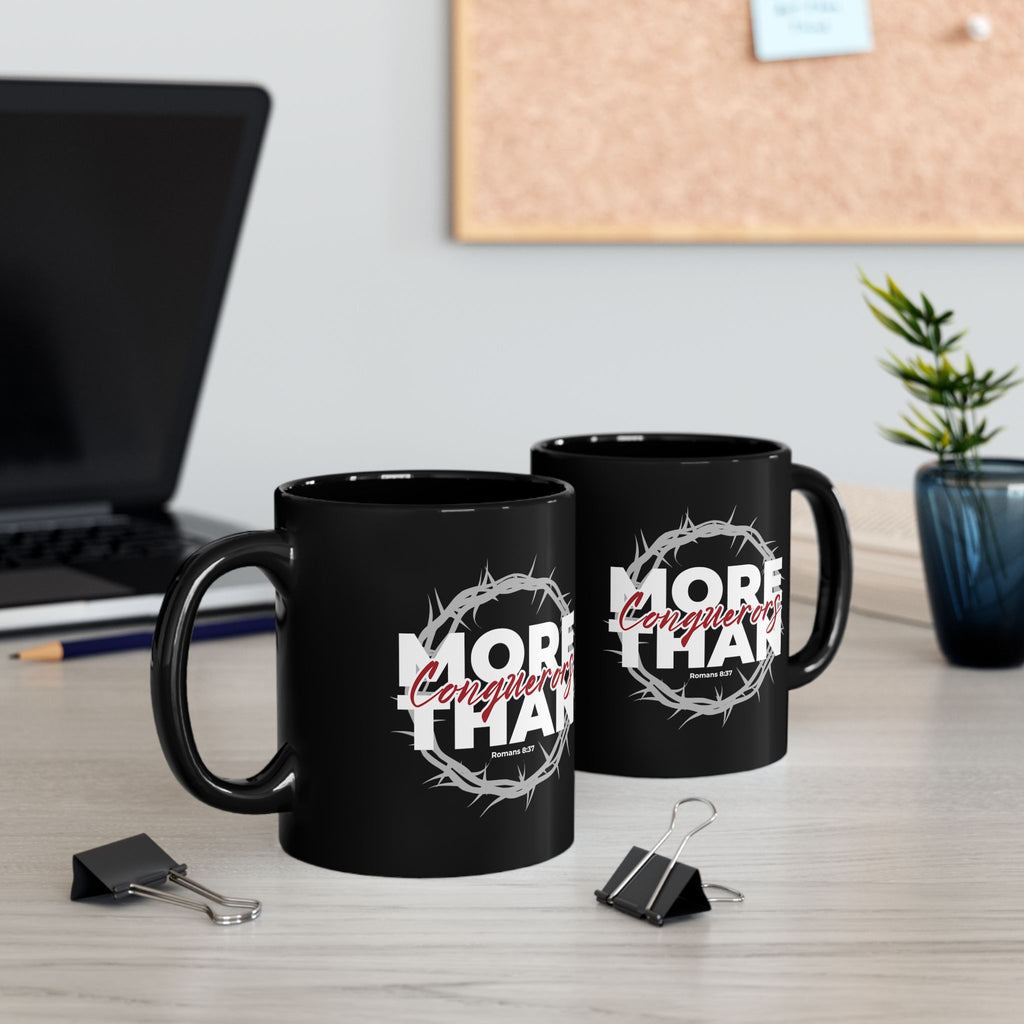 “More Than Conquerors” Christian Coffee Mug – Romans 8:37 Bible Verse Mug –  Faith Scripture Mug (11oz / 15oz)