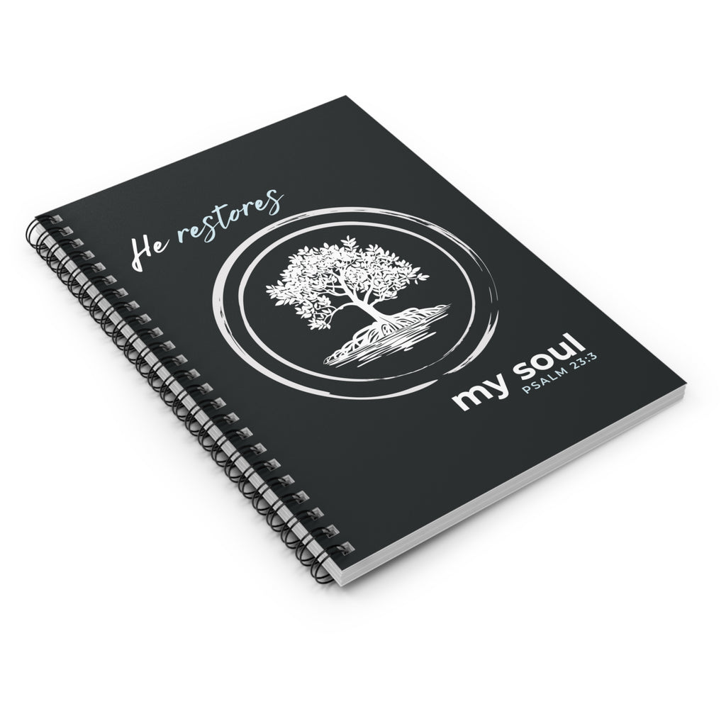 “He Restores My Soul” Spiral Notebook – Psalm 23:3 Christian Bible Verse Journal – Faith Notes