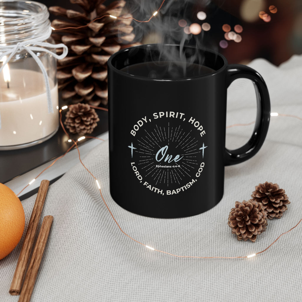 “One” Unity Christian Coffee Mug – Ephesians 4:4–6 Bible Verse Mug –  Faith Scripture Mug (11oz / 15oz)