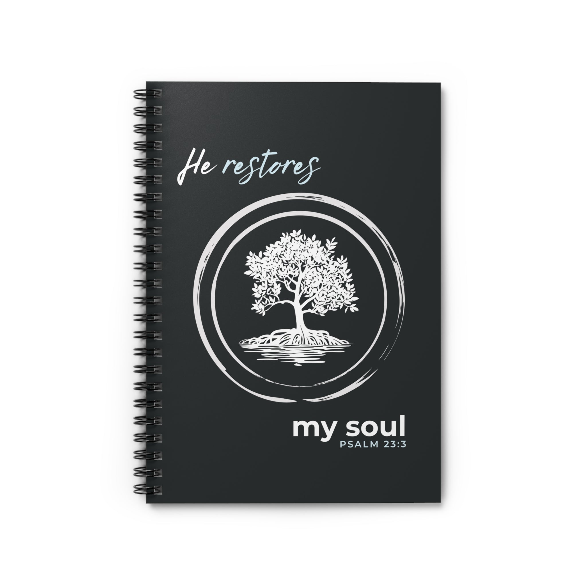 “He Restores My Soul” Spiral Notebook – Psalm 23:3 Christian Bible Verse Journal – Faith Notes