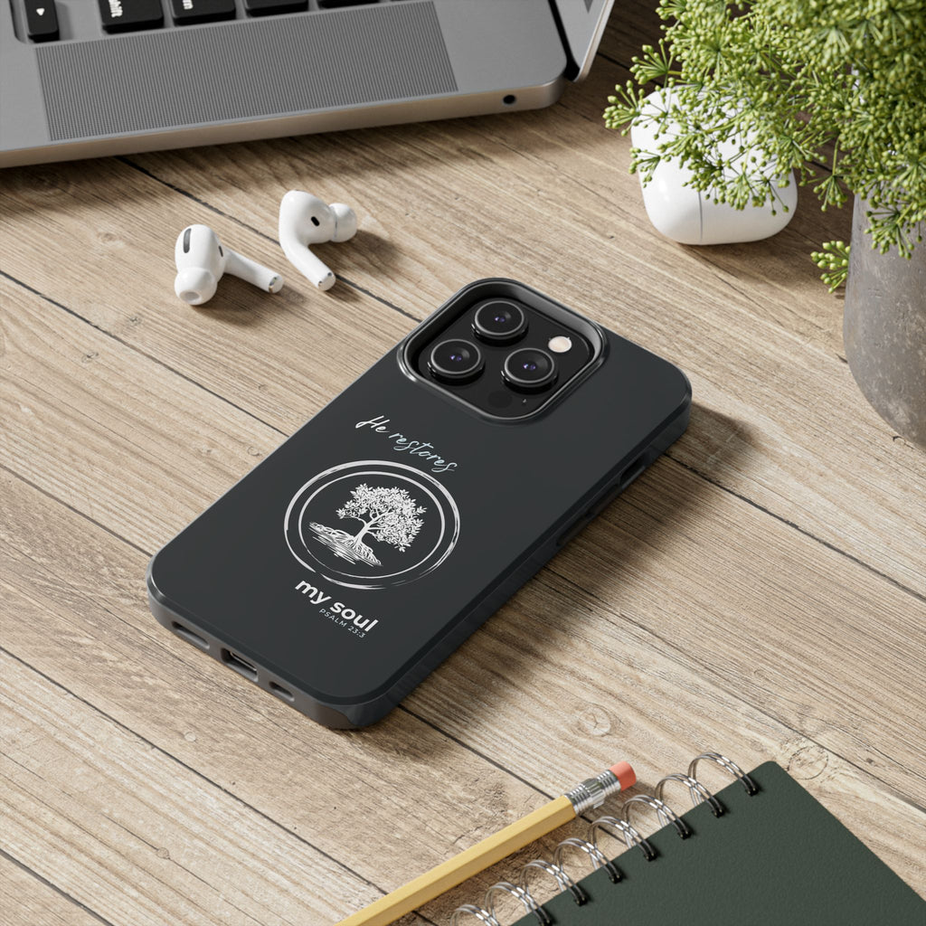 “He Restores My Soul” Phone Case – Psalm 23:3 Christian Bible Verse iPhone & Android Case – Faith Accessory