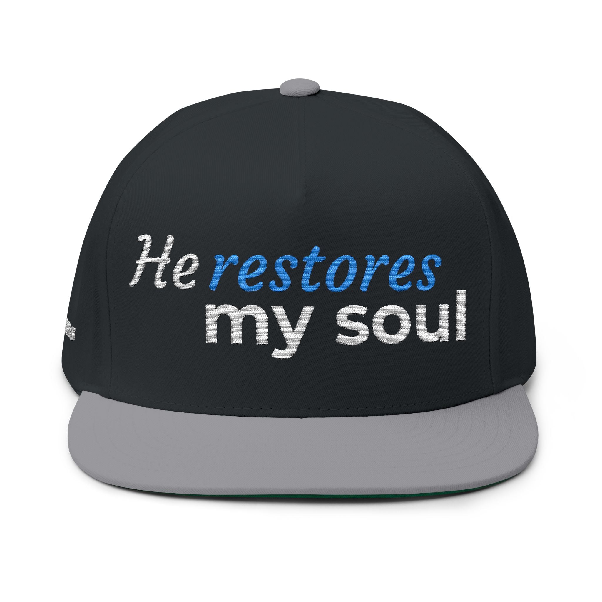 “He Restores My Soul” Embroidered Cap –  Psalm 23:3 Christian Flat Bill Hat – Faith Apparel