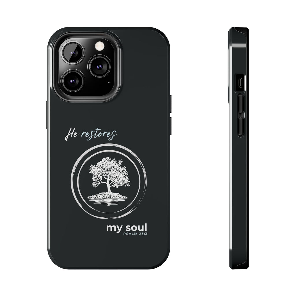 “He Restores My Soul” Phone Case – Psalm 23:3 Christian Bible Verse iPhone & Android Case – Faith Accessory