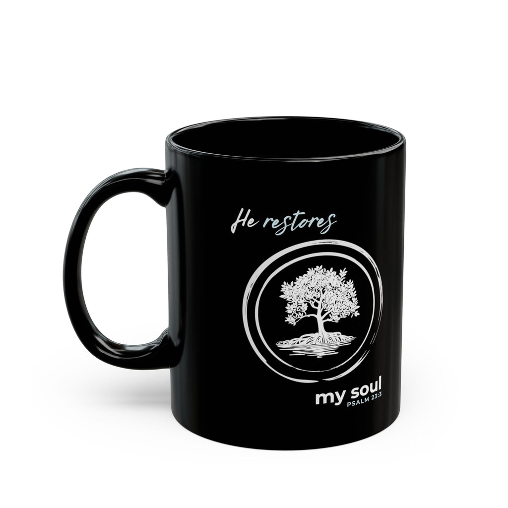 “He Restores My Soul” Christian Coffee Mug – Psalm 23:3 Bible Verse Mug –  Faith Scripture Mug (11oz / 15oz)