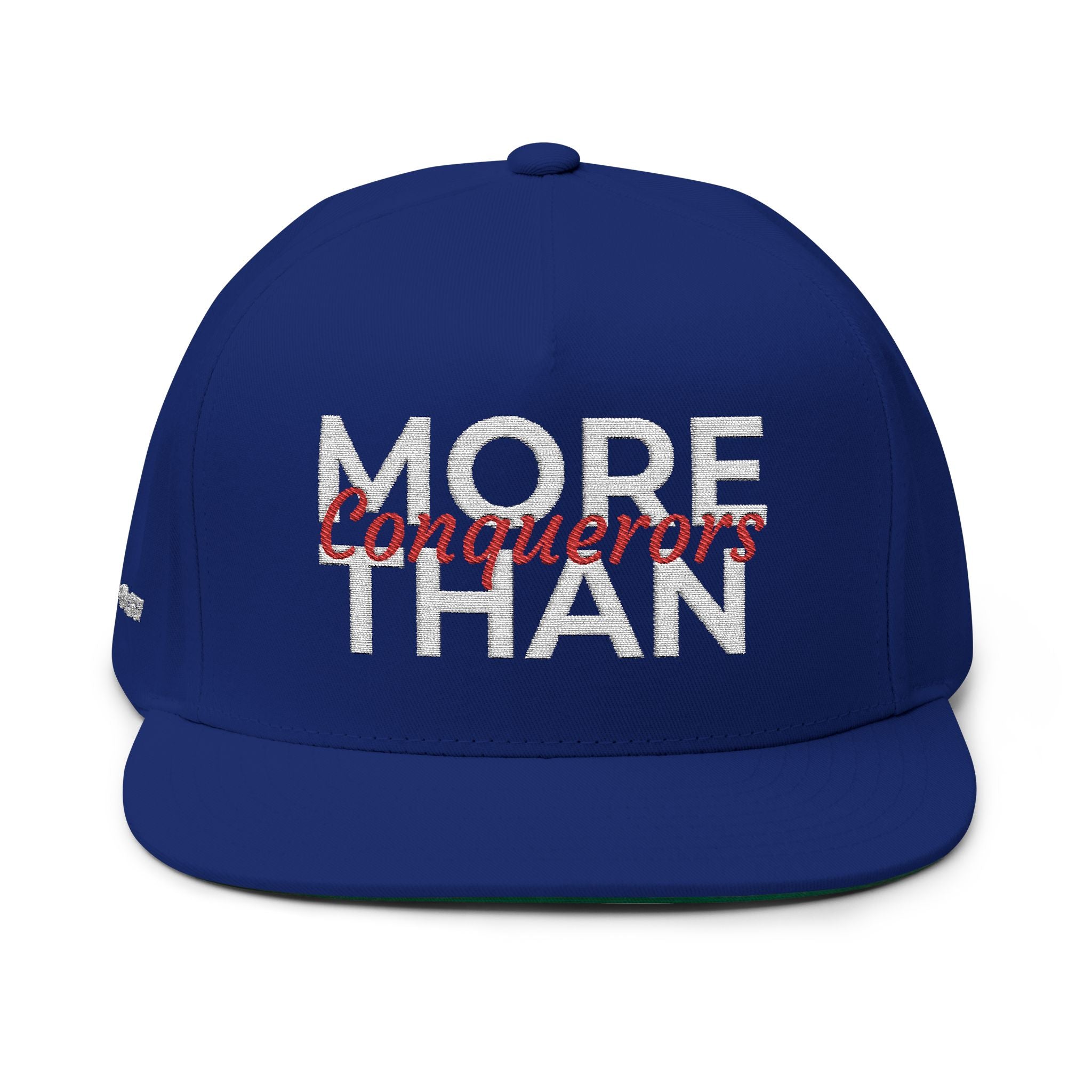 “More Than Conquerors” Embroidered Cap – Romans 8:37 Christian Flat Bill Hat – Faith Apparel
