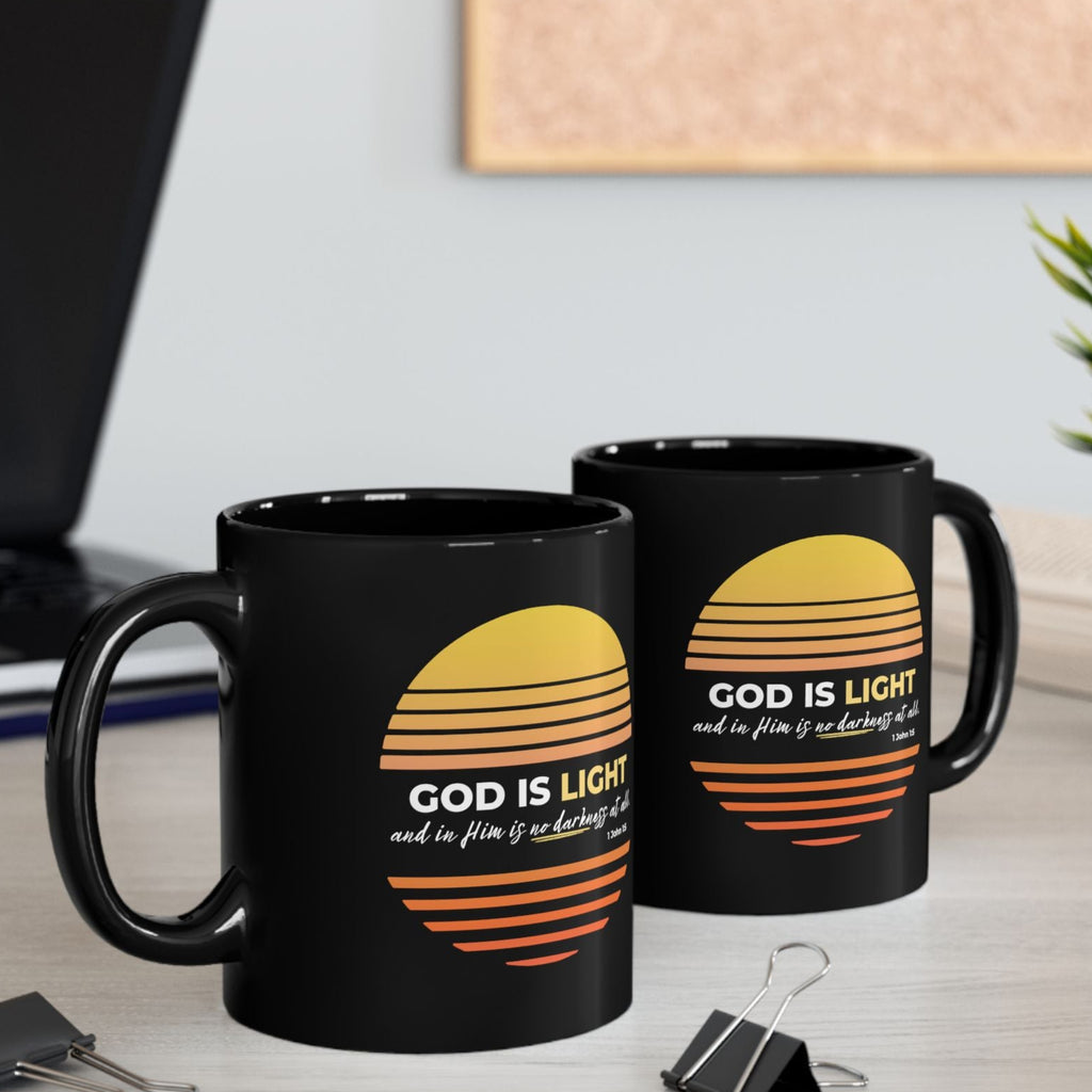 “God Is Light” Christian Coffee Mug – 1 John 1:5 Bible Verse Mug – Retro Sunset Faith Mug (11oz / 15oz)