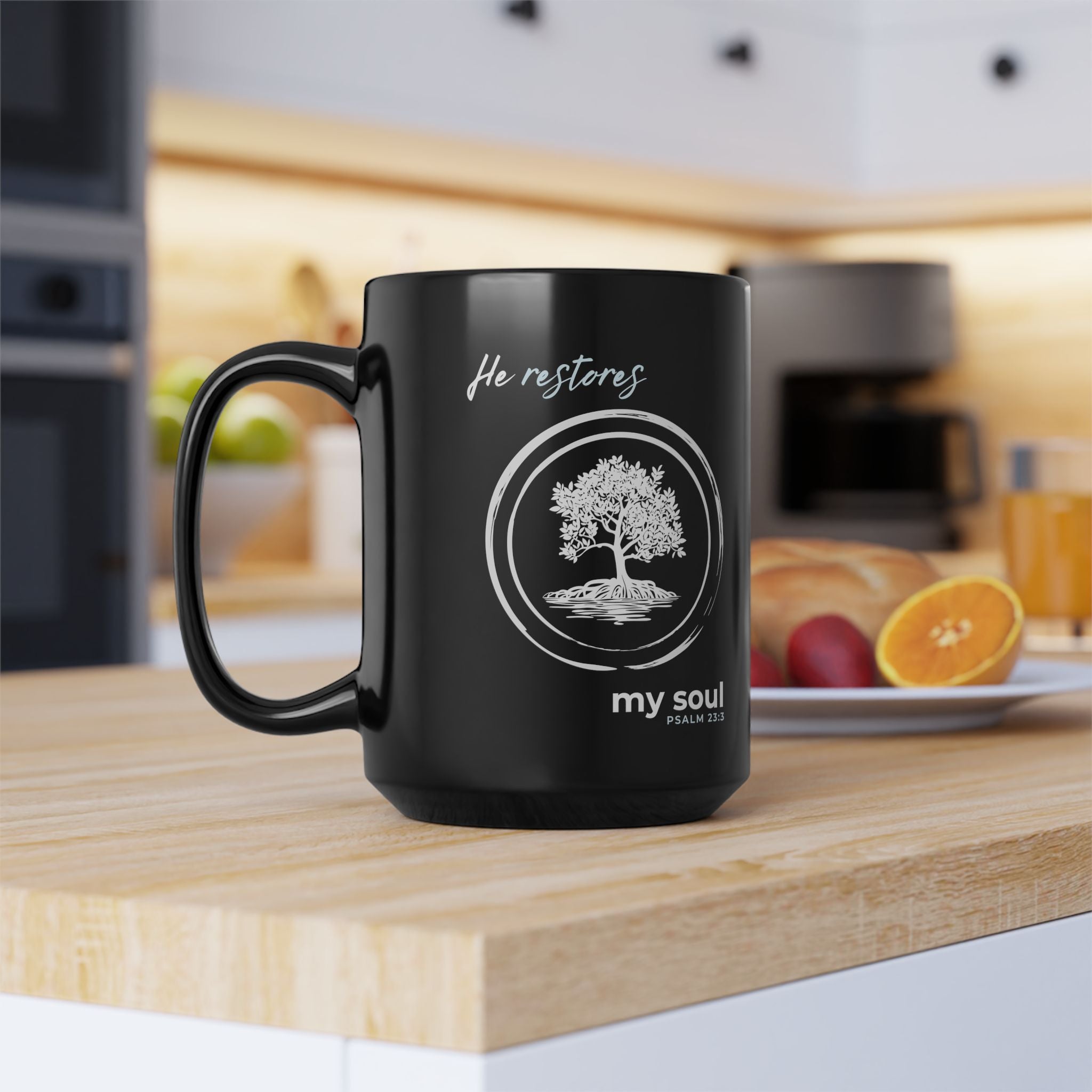 “He Restores My Soul” Christian Coffee Mug – Psalm 23:3 Bible Verse Mug –  Faith Scripture Mug (11oz / 15oz)