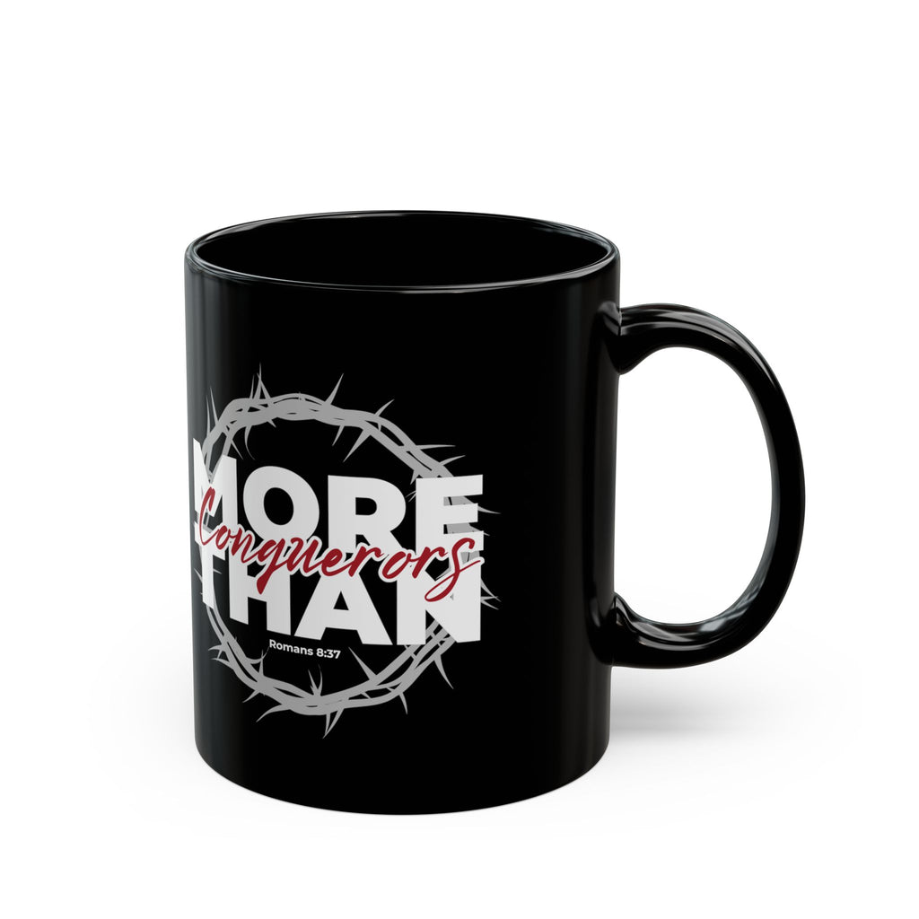 “More Than Conquerors” Christian Coffee Mug – Romans 8:37 Bible Verse Mug –  Faith Scripture Mug (11oz / 15oz)