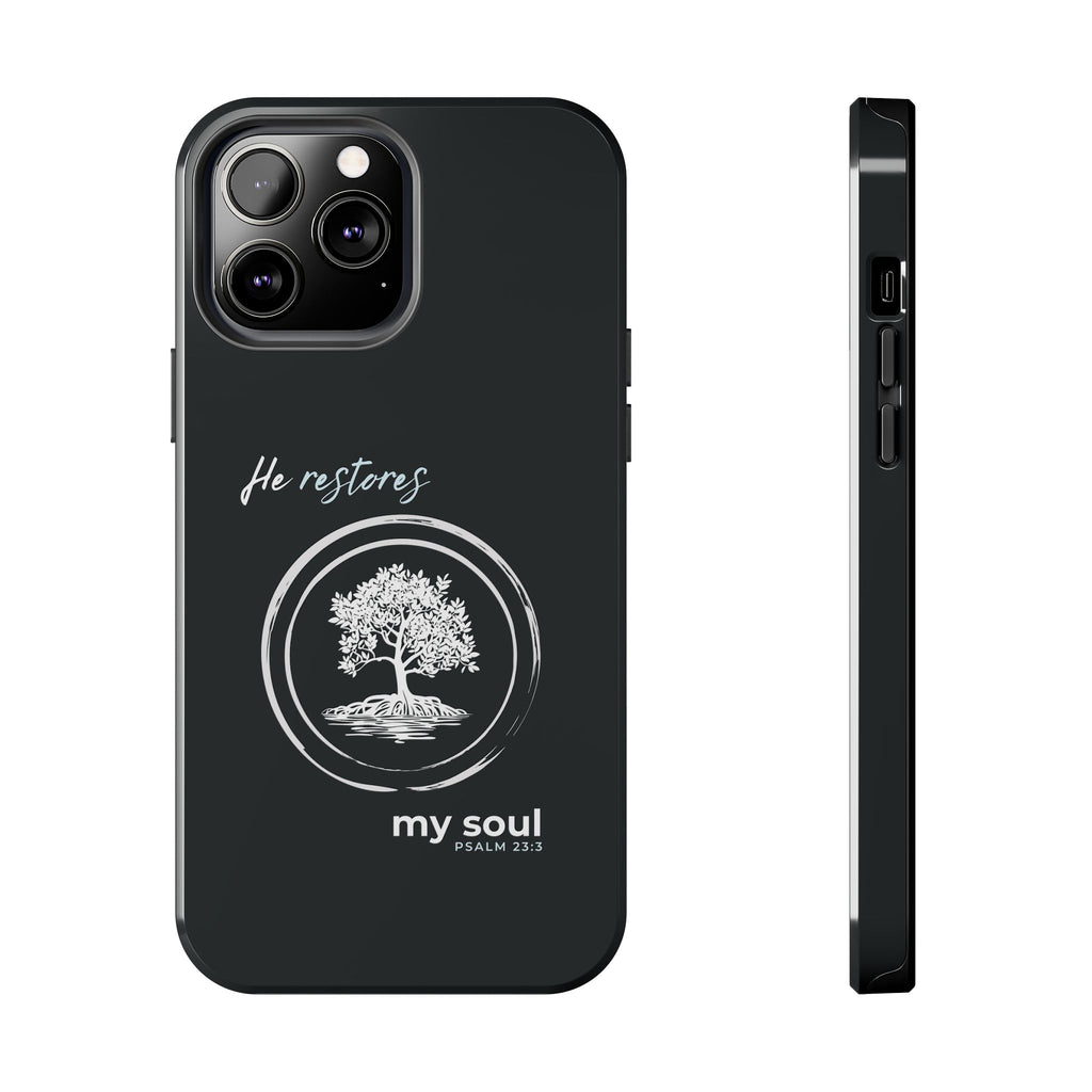 “He Restores My Soul” Phone Case – Psalm 23:3 Christian Bible Verse iPhone & Android Case – Faith Accessory