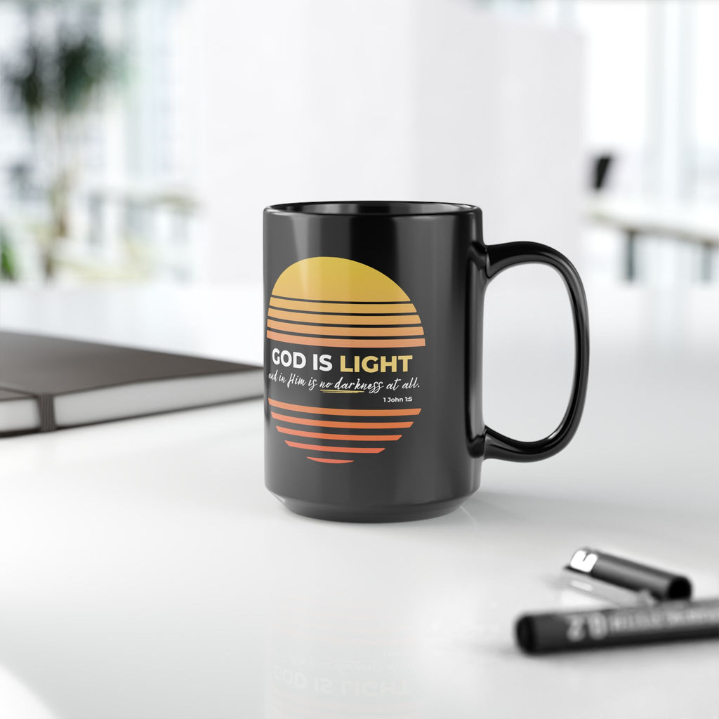“God Is Light” Christian Coffee Mug – 1 John 1:5 Bible Verse Mug – Retro Sunset Faith Mug (11oz / 15oz)