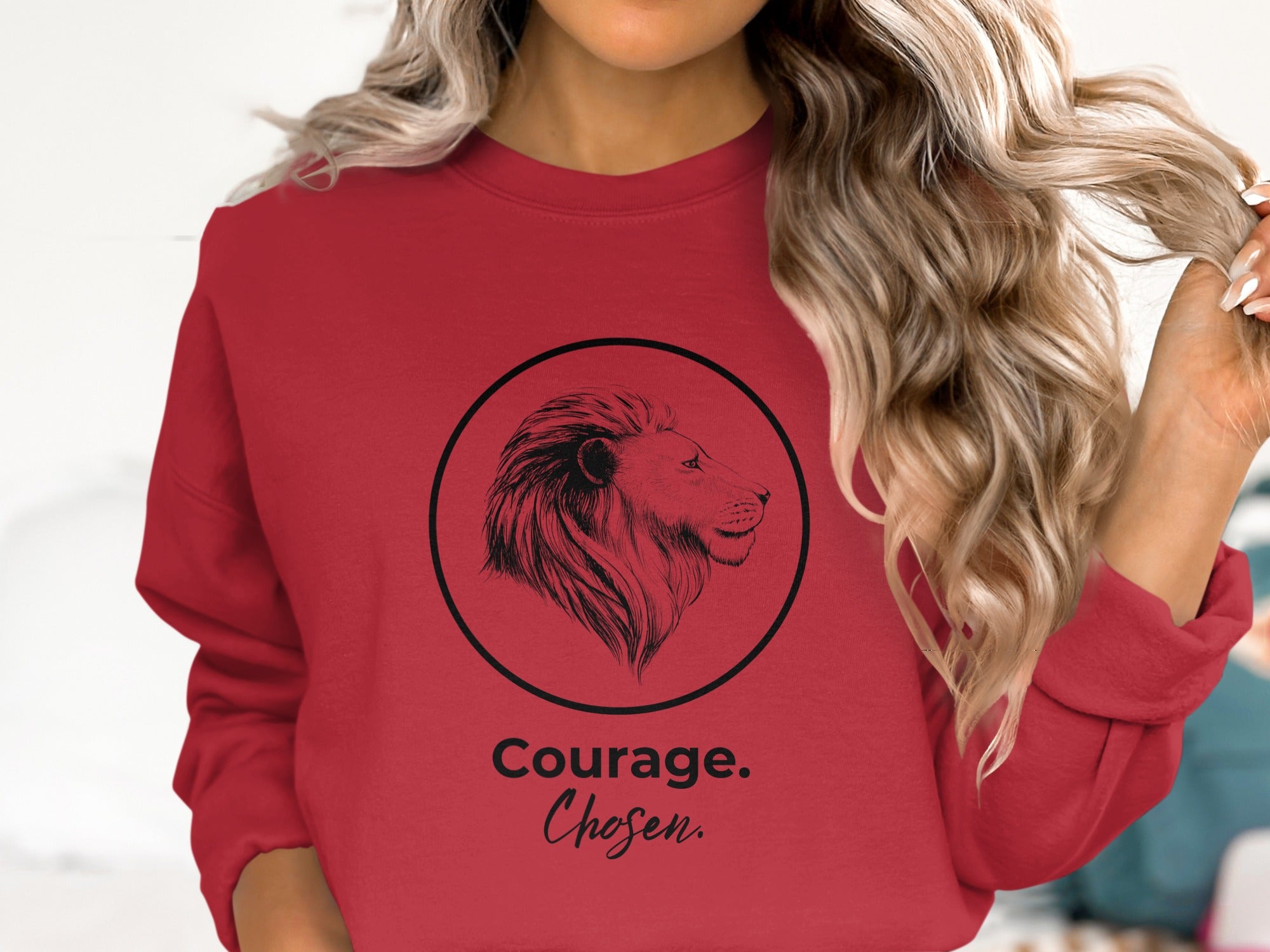 Courage Chosen Lion Print Red Sweatshirt