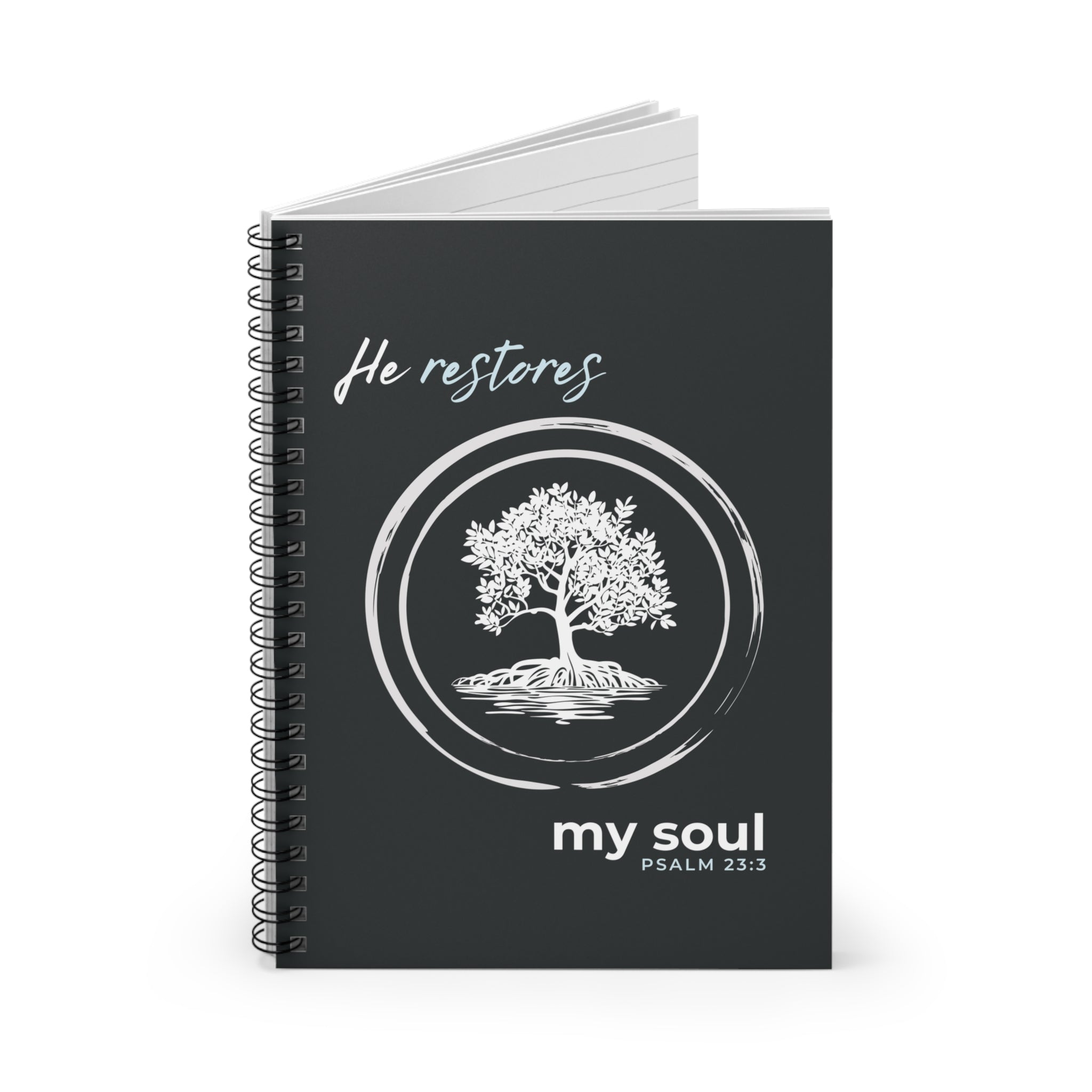 “He Restores My Soul” Spiral Notebook – Psalm 23:3 Christian Bible Verse Journal – Faith Notes