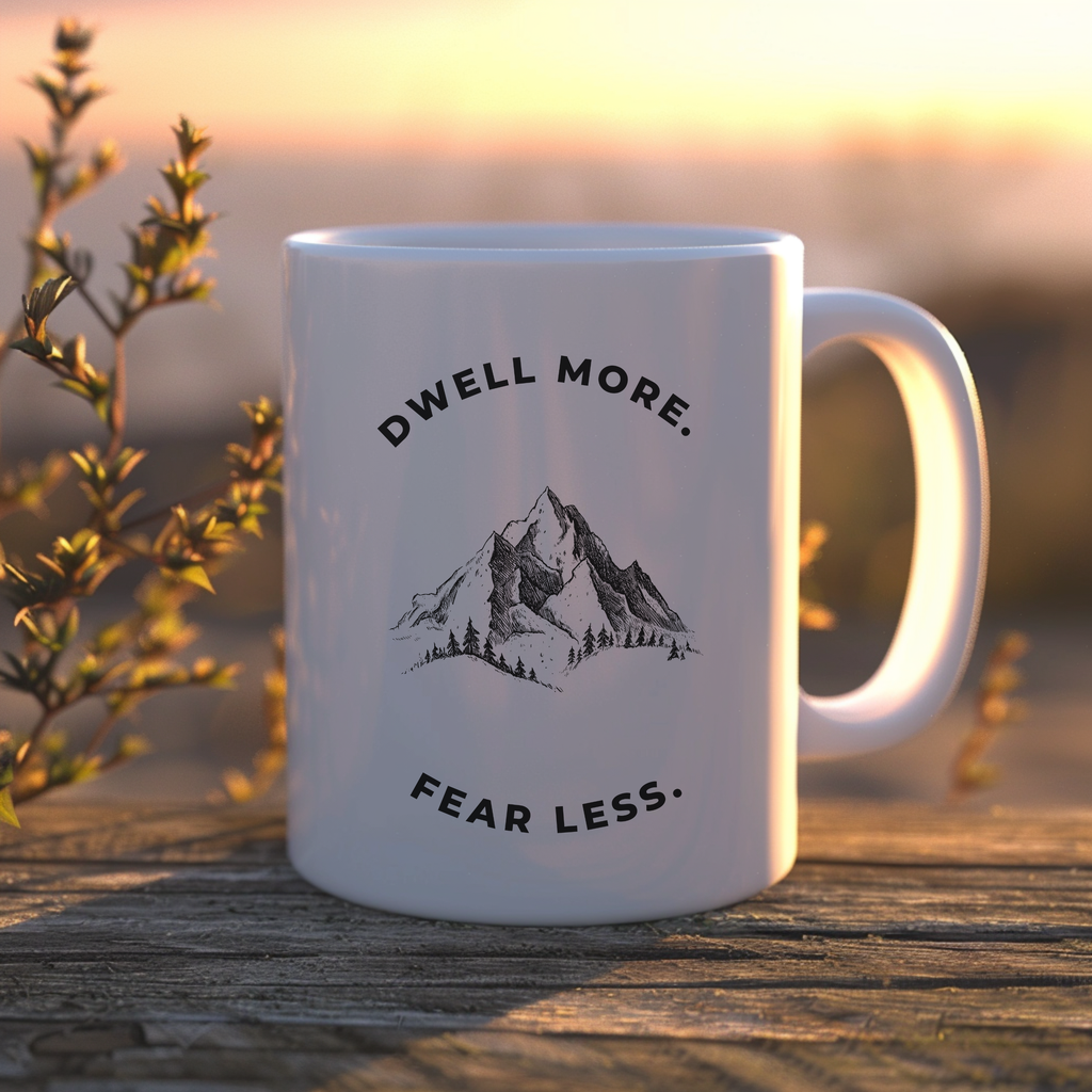 Dwell More Worry Less Mug | Mountain Graphic Ceramic Coffee Cup