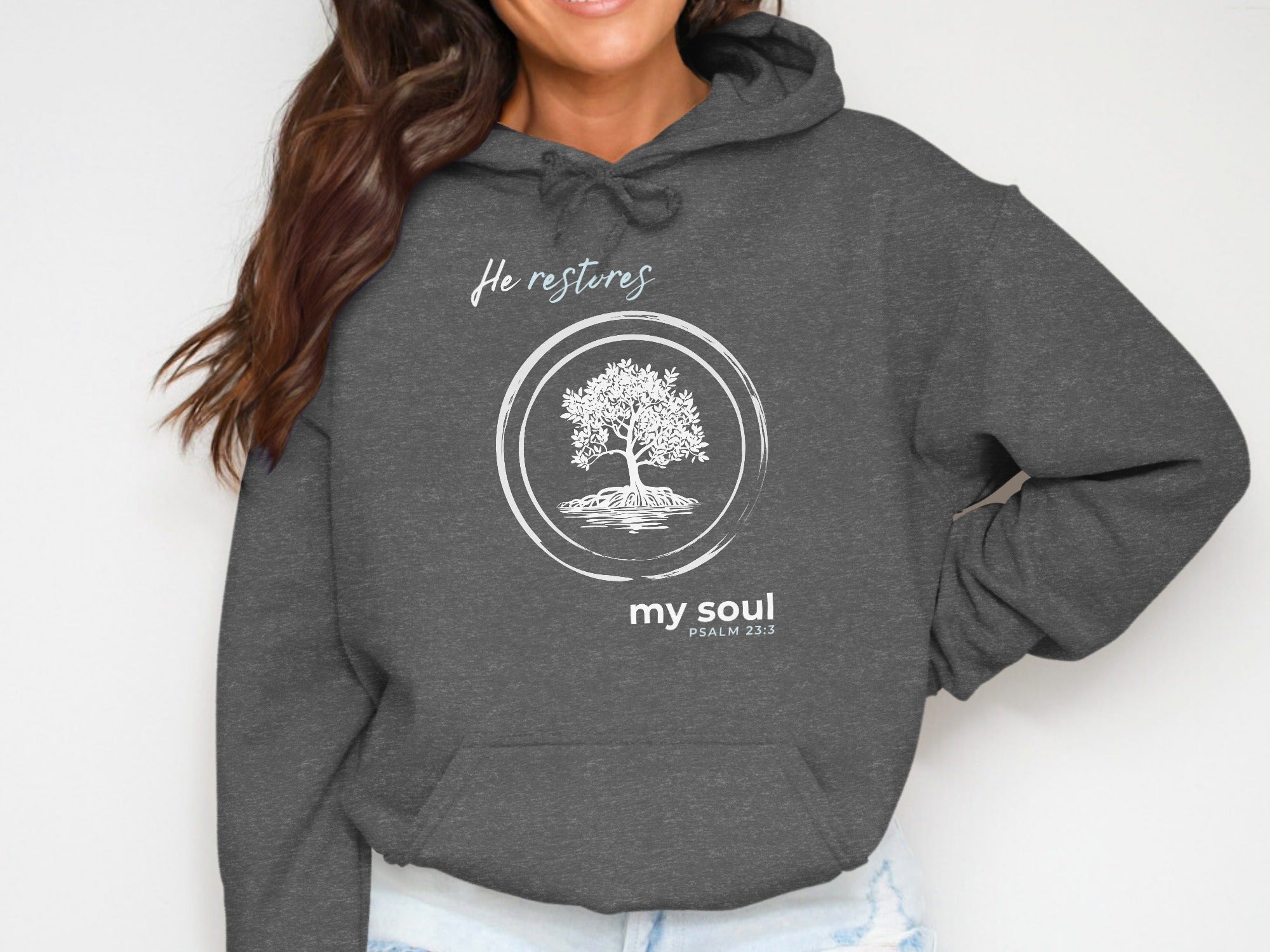 He restores my soul PSALM 23:3 tree design hoodie product type