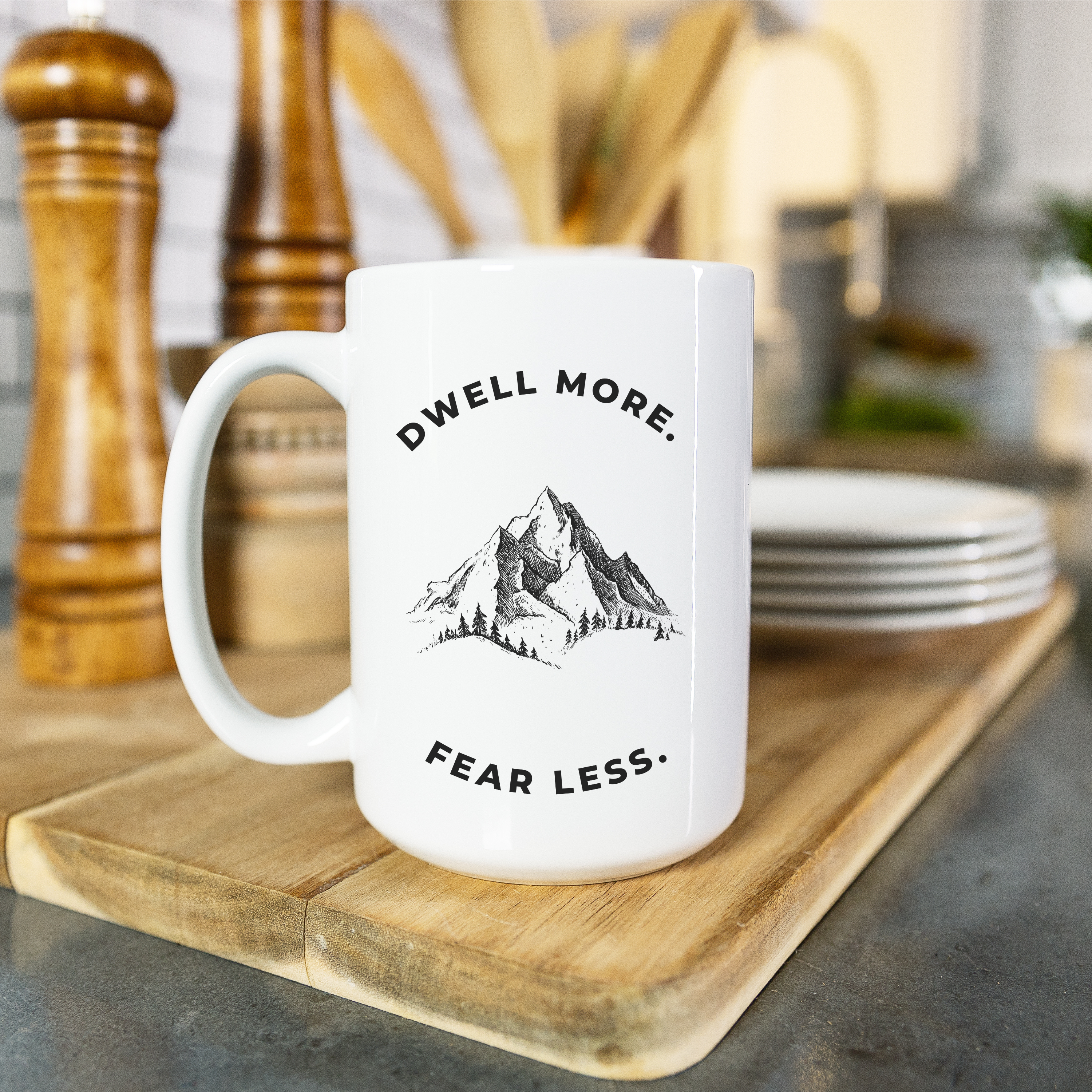 Dwell More Worry Less Mug | Mountain Graphic Ceramic Coffee Cup