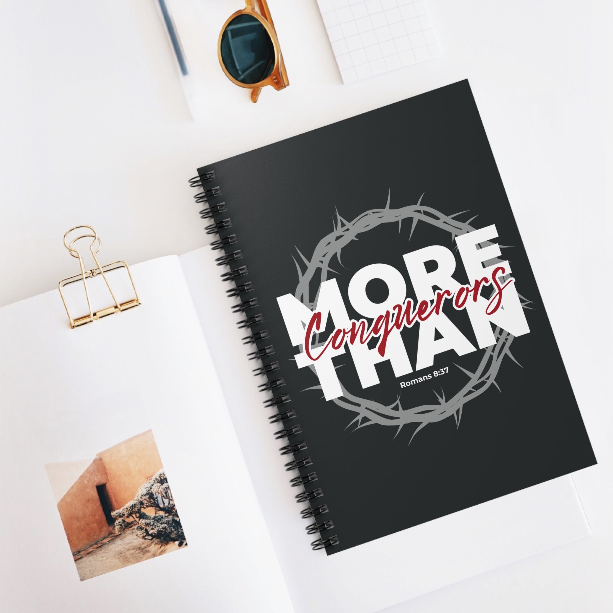 "More Than Conquerors" Spiral Notebook — Christian Inspirational Journal (Romans 8:37)