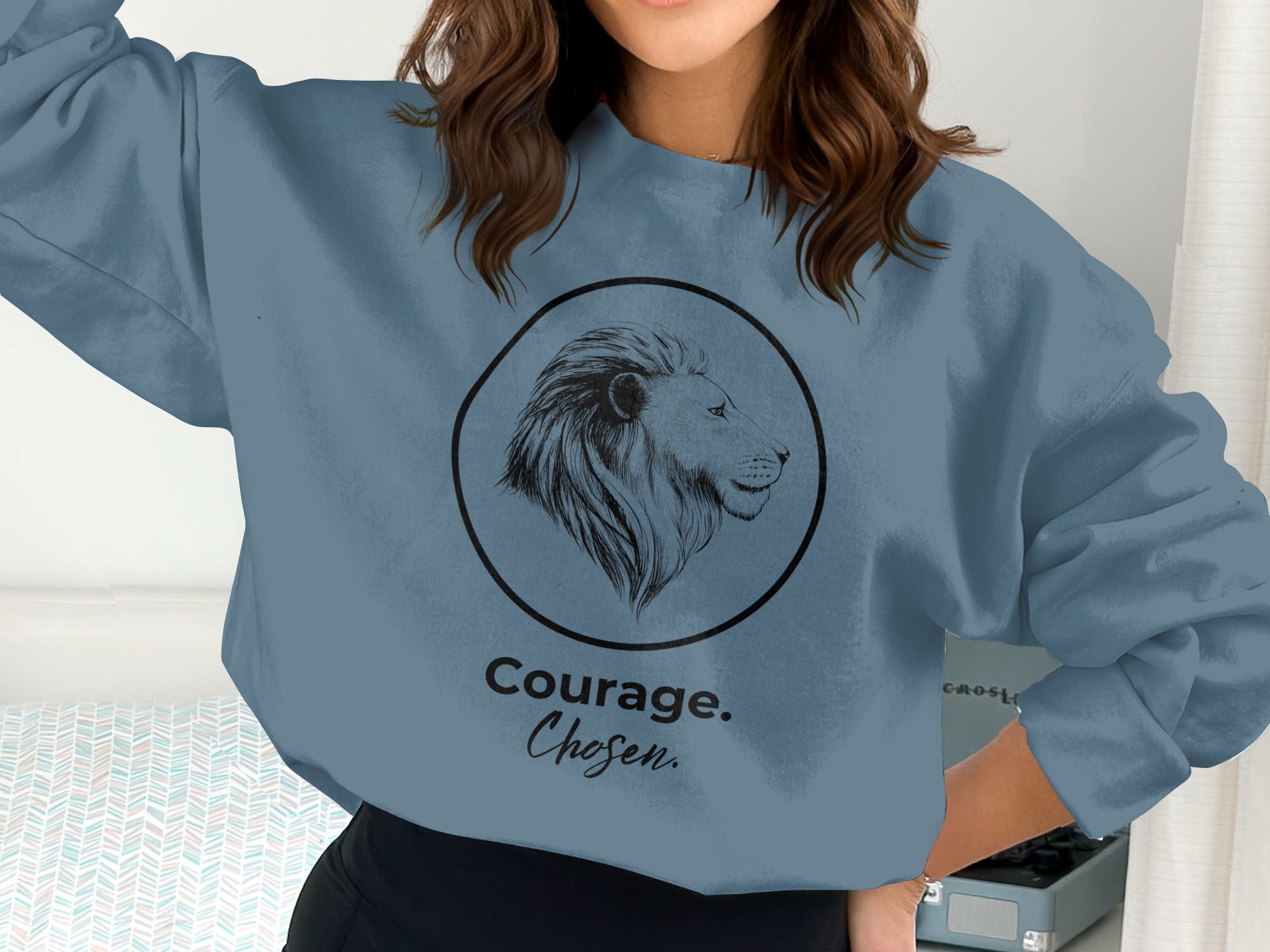 Courage Chosen Lion Graphic Blue Unisex Crewneck