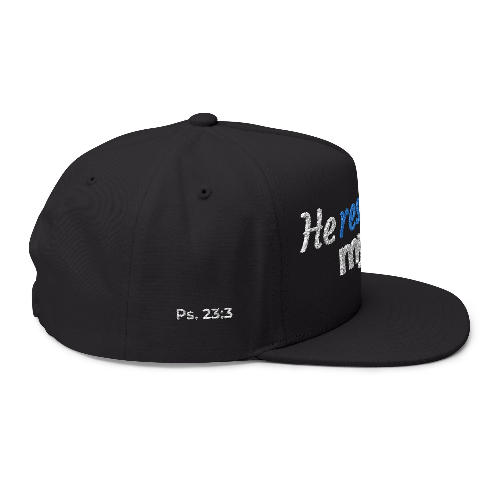 “He Restores My Soul” Embroidered Cap –  Psalm 23:3 Christian Flat Bill Hat – Faith Apparel
