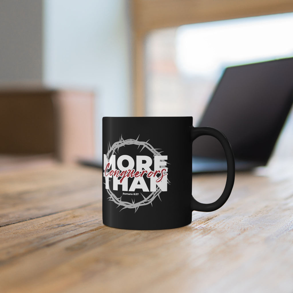“More Than Conquerors” Christian Coffee Mug – Romans 8:37 Bible Verse Mug –  Faith Scripture Mug (11oz / 15oz)