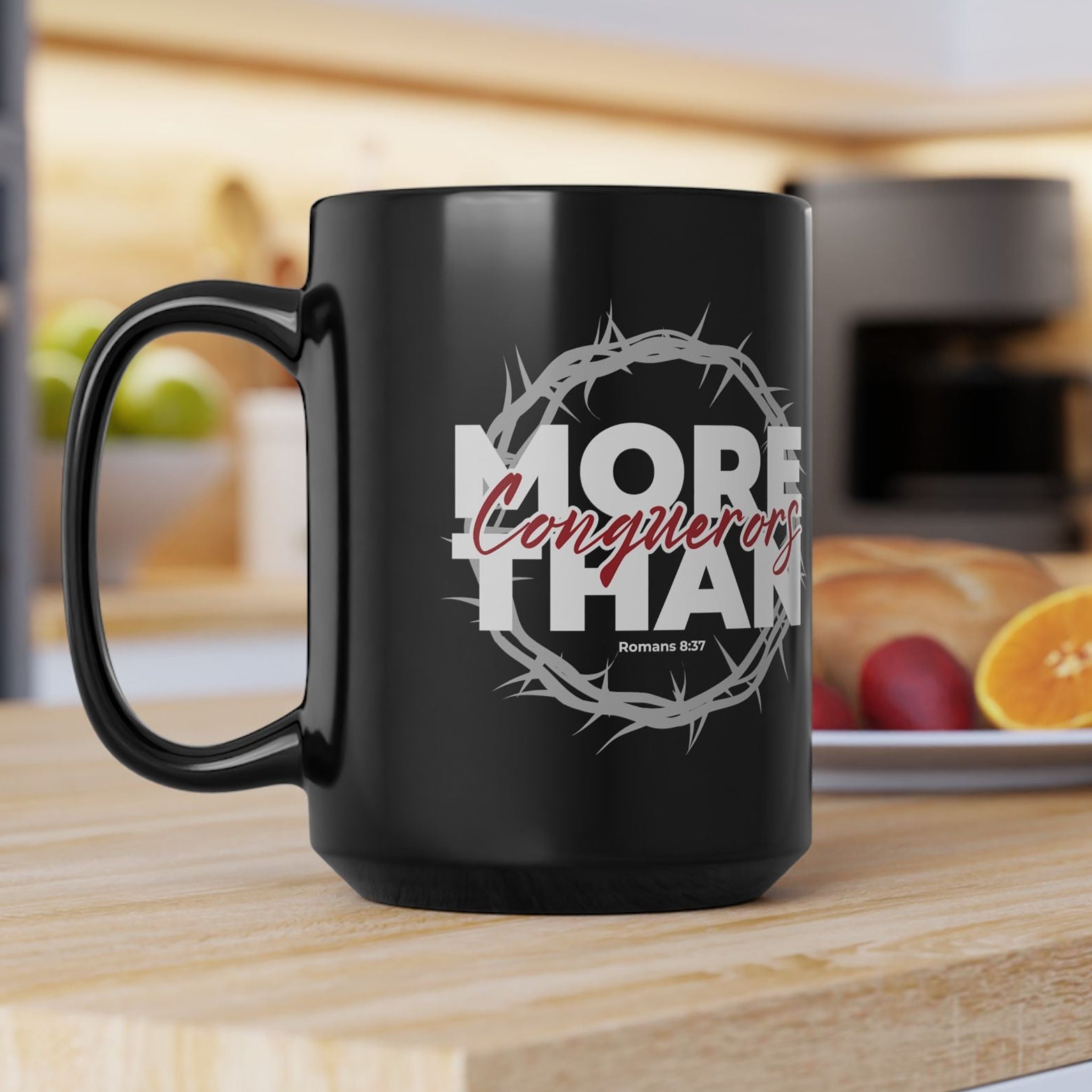 “More Than Conquerors” Christian Coffee Mug – Romans 8:37 Bible Verse Mug –  Faith Scripture Mug (11oz / 15oz)