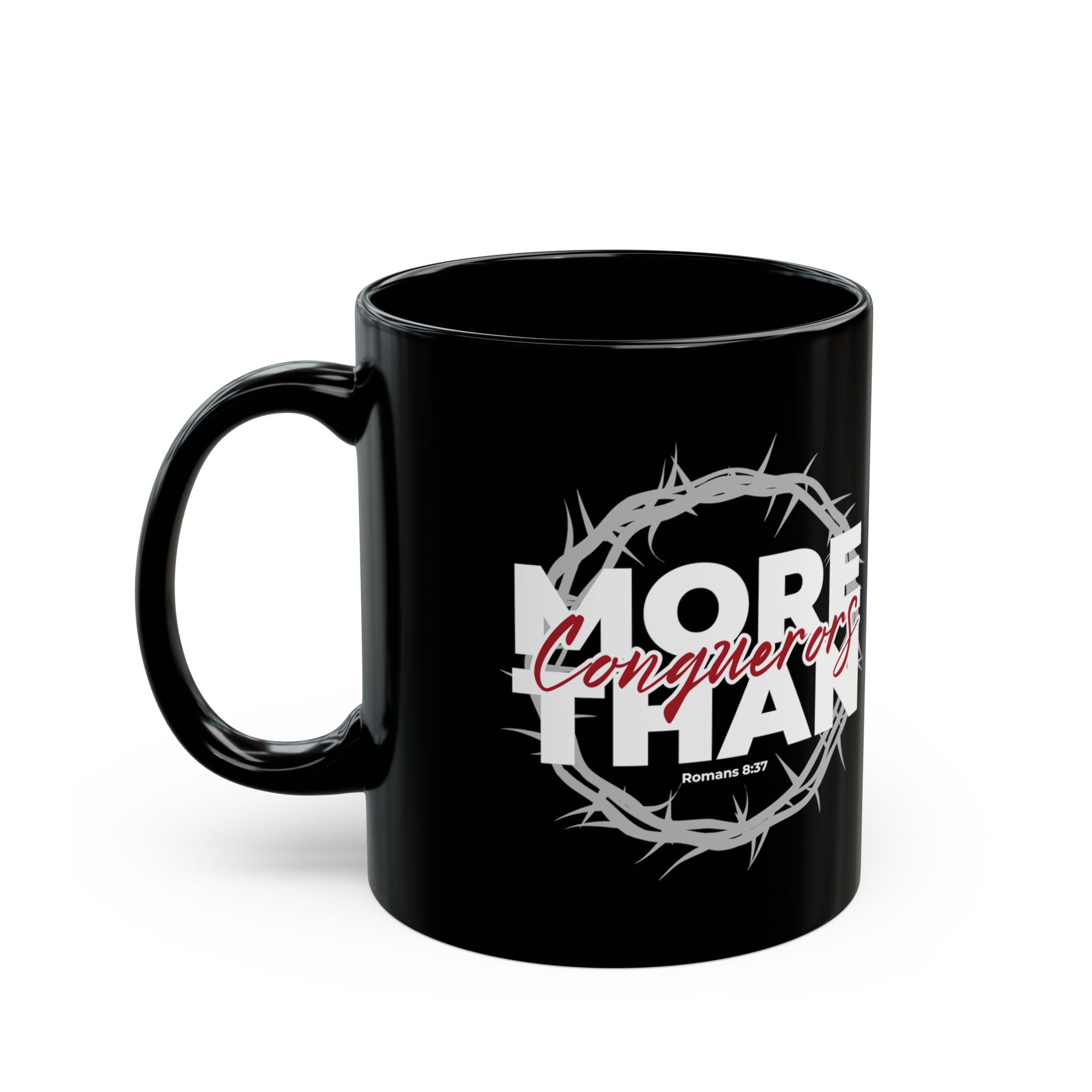 “More Than Conquerors” Christian Coffee Mug – Romans 8:37 Bible Verse Mug –  Faith Scripture Mug (11oz / 15oz)