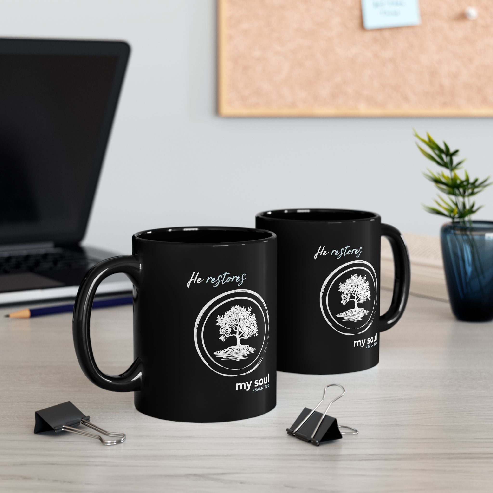 “He Restores My Soul” Christian Coffee Mug – Psalm 23:3 Bible Verse Mug –  Faith Scripture Mug (11oz / 15oz)