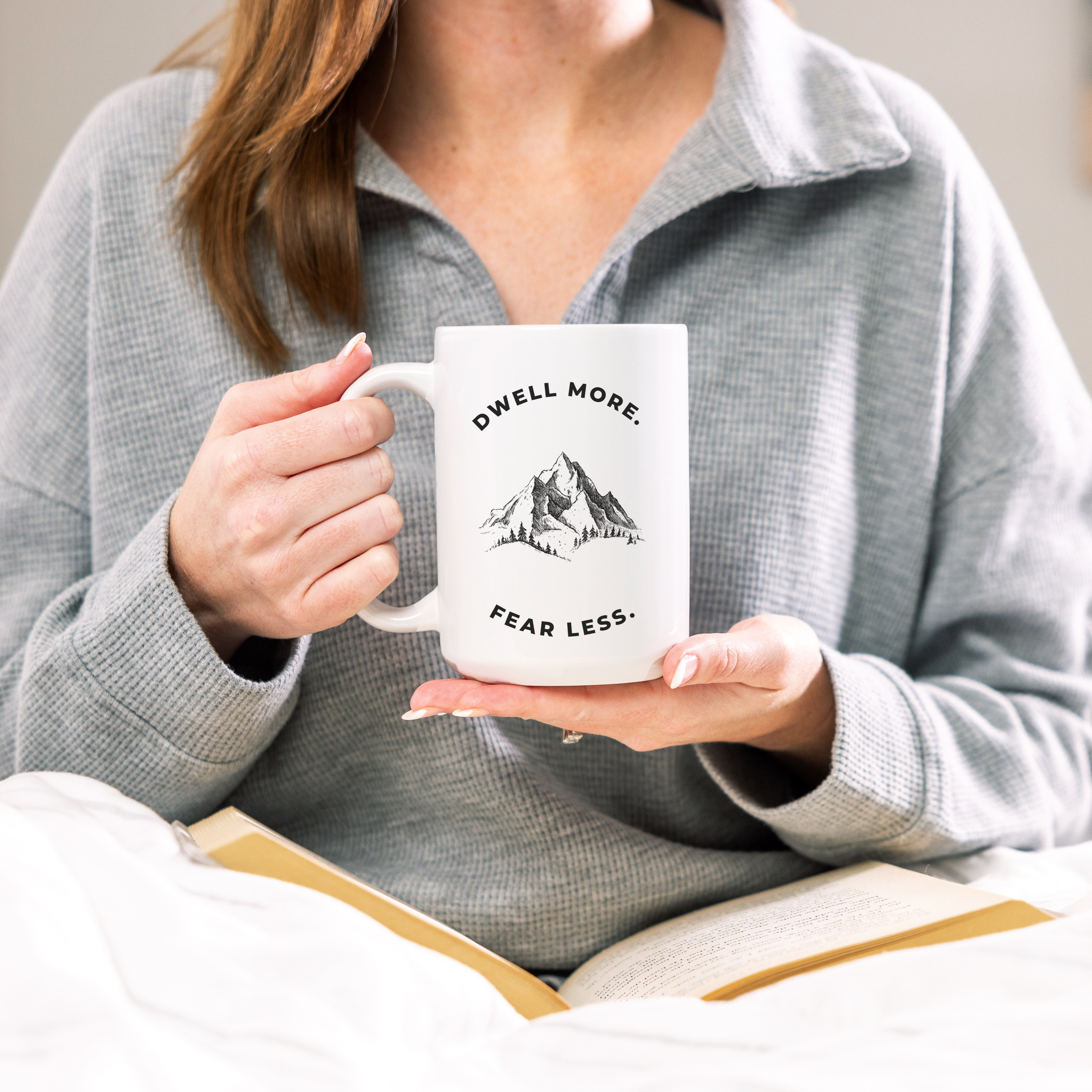 Dwell More Worry Less Mug | Mountain Graphic Ceramic Coffee Cup