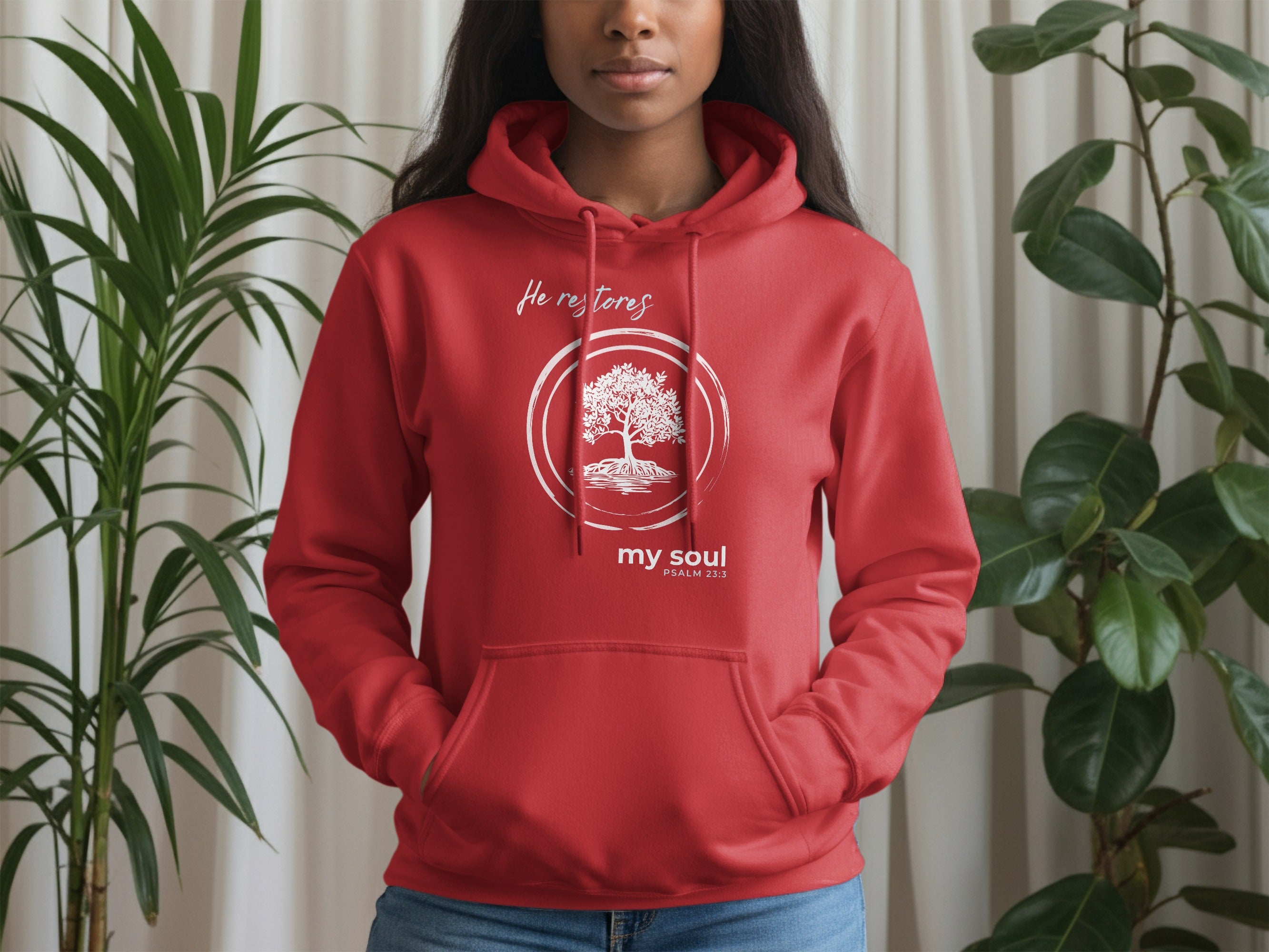 Red He restores my soul Psalm 23:3 tree design hoodie product type