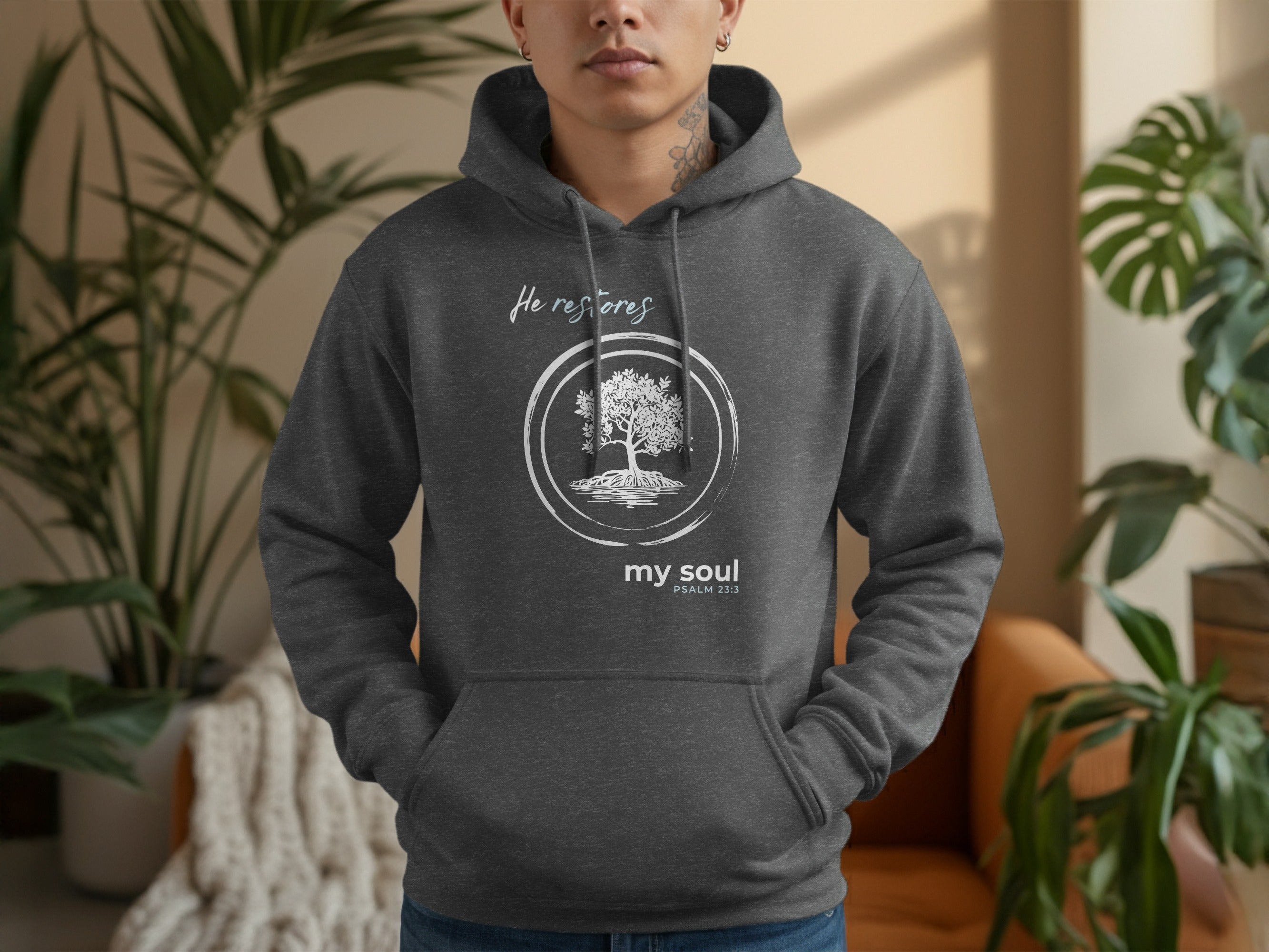 He restores my soul Psalm 23:3 tree design hoodie product type