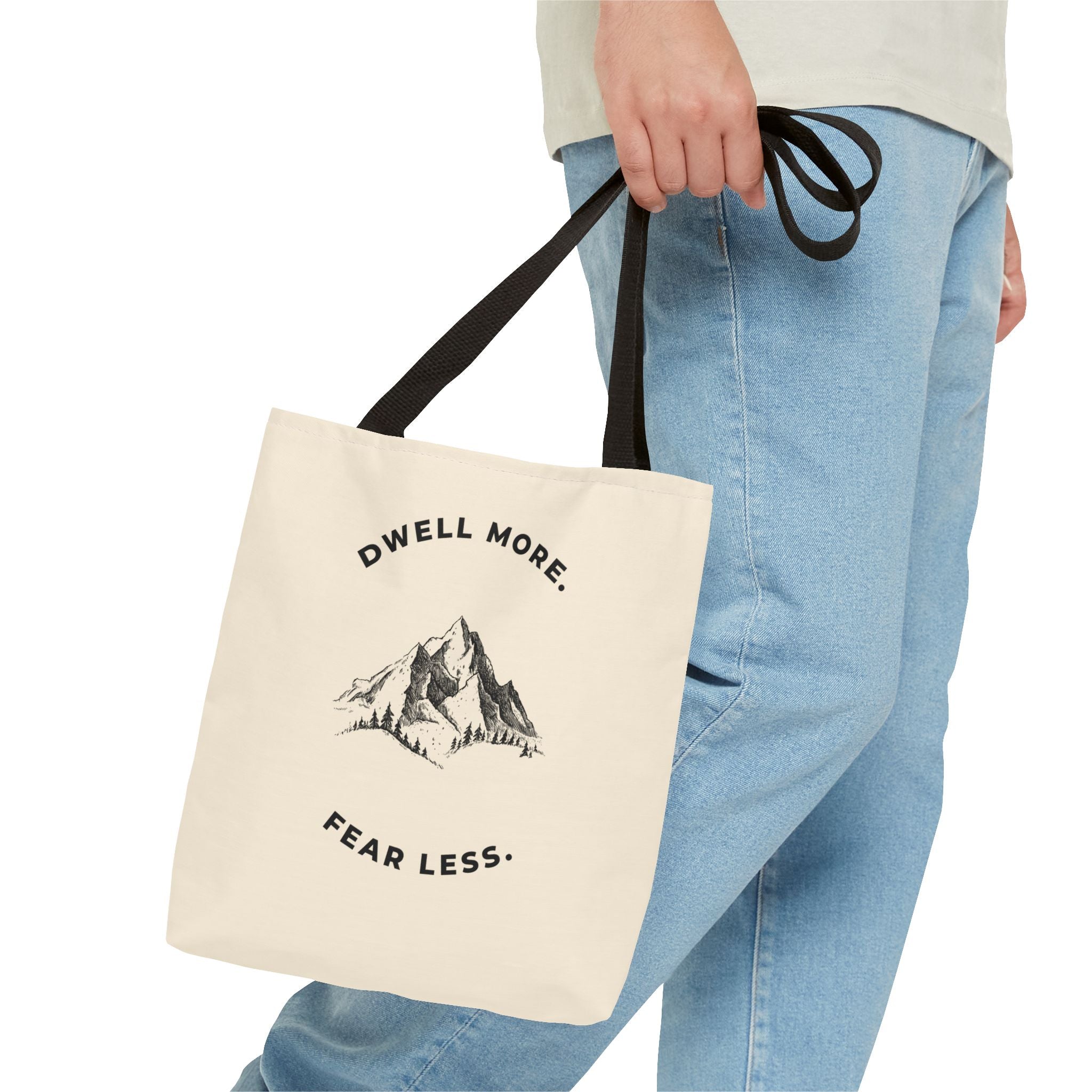 Dwell More Worry Less Mountain Tote Bag | Inspirational Everyday Carry