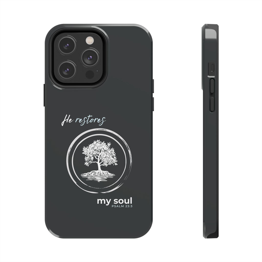 “He Restores My Soul” Phone Case – Psalm 23:3 Christian Bible Verse iPhone & Android Case – Faith Accessory