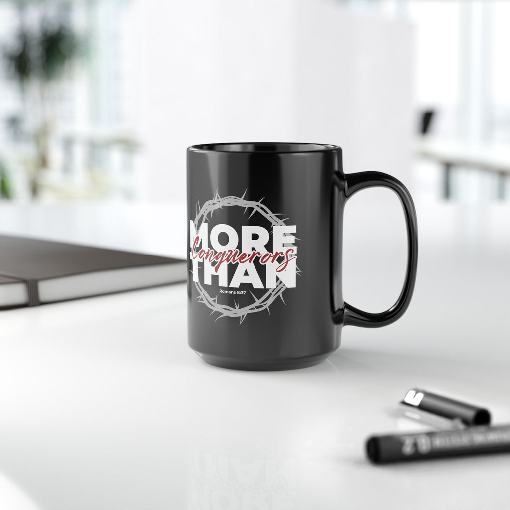“More Than Conquerors” Christian Coffee Mug – Romans 8:37 Bible Verse Mug –  Faith Scripture Mug (11oz / 15oz)