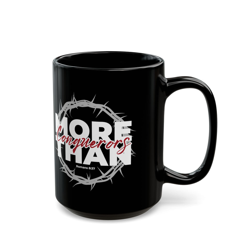 “More Than Conquerors” Christian Coffee Mug – Romans 8:37 Bible Verse Mug –  Faith Scripture Mug (11oz / 15oz)