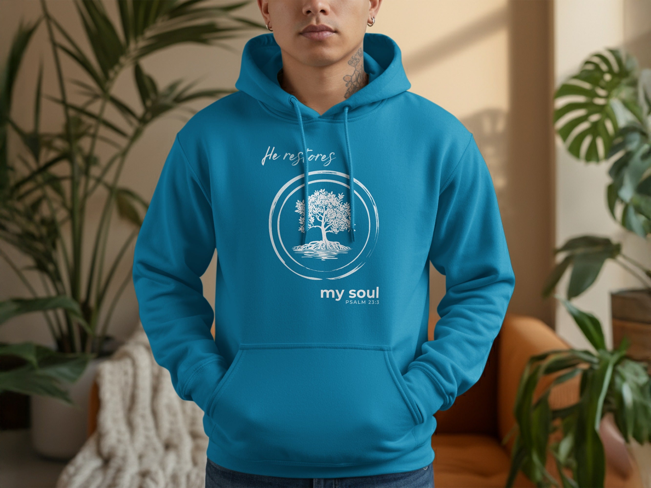 He restores my soul PSALM 23:3 tree design hoodie product type
