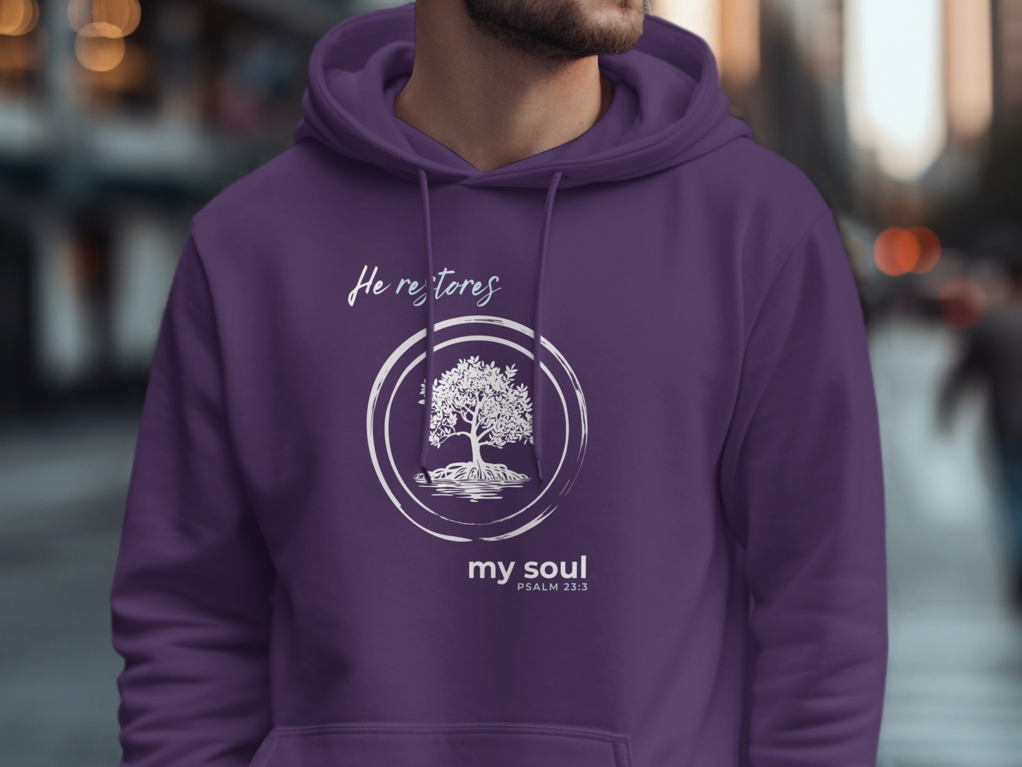 He restores my soul PSALM 23:3 Tree Design Purple Hoodie product type