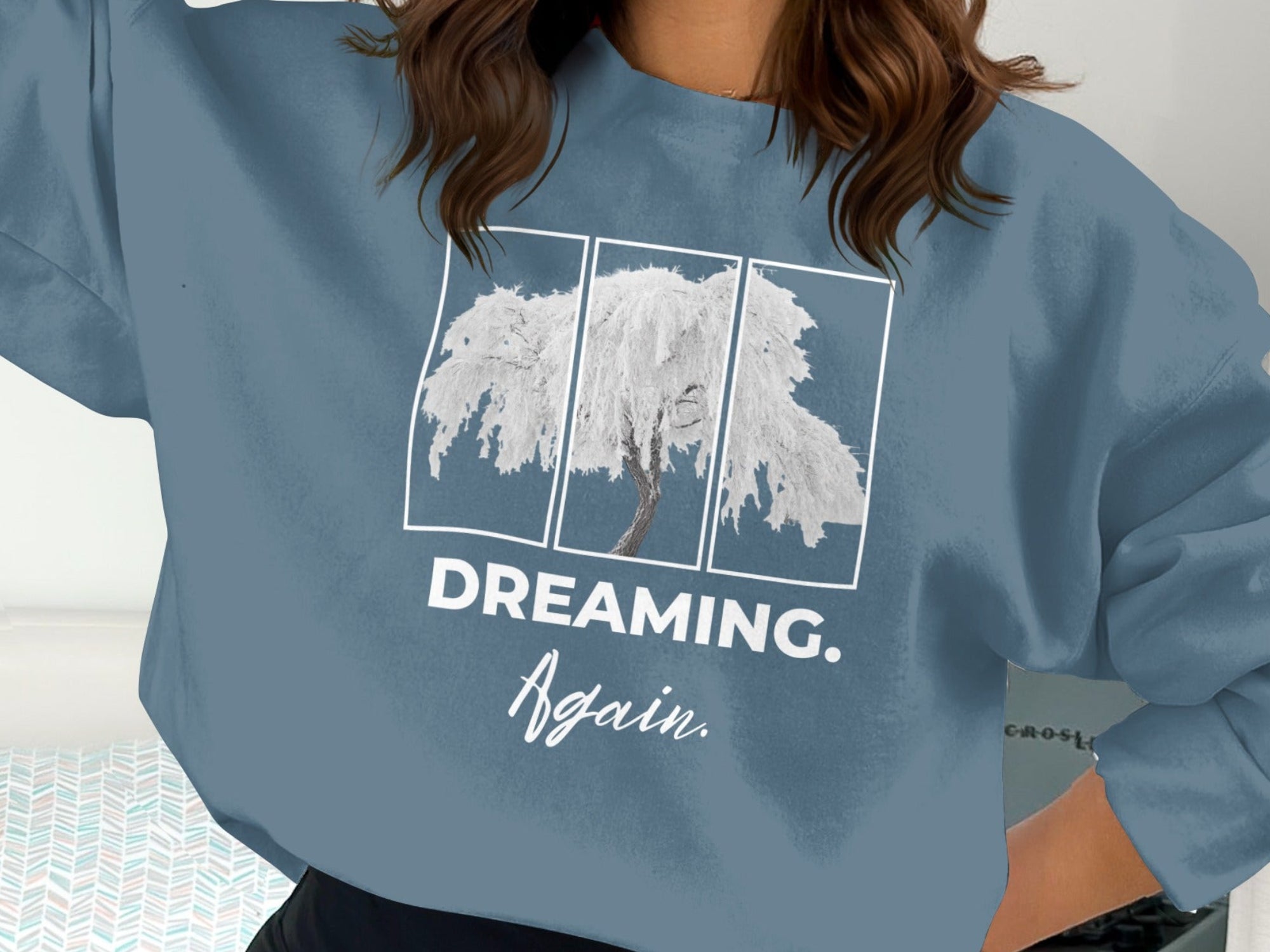 Dreaming Again Tree Graphic Blue Sweatshirt Top